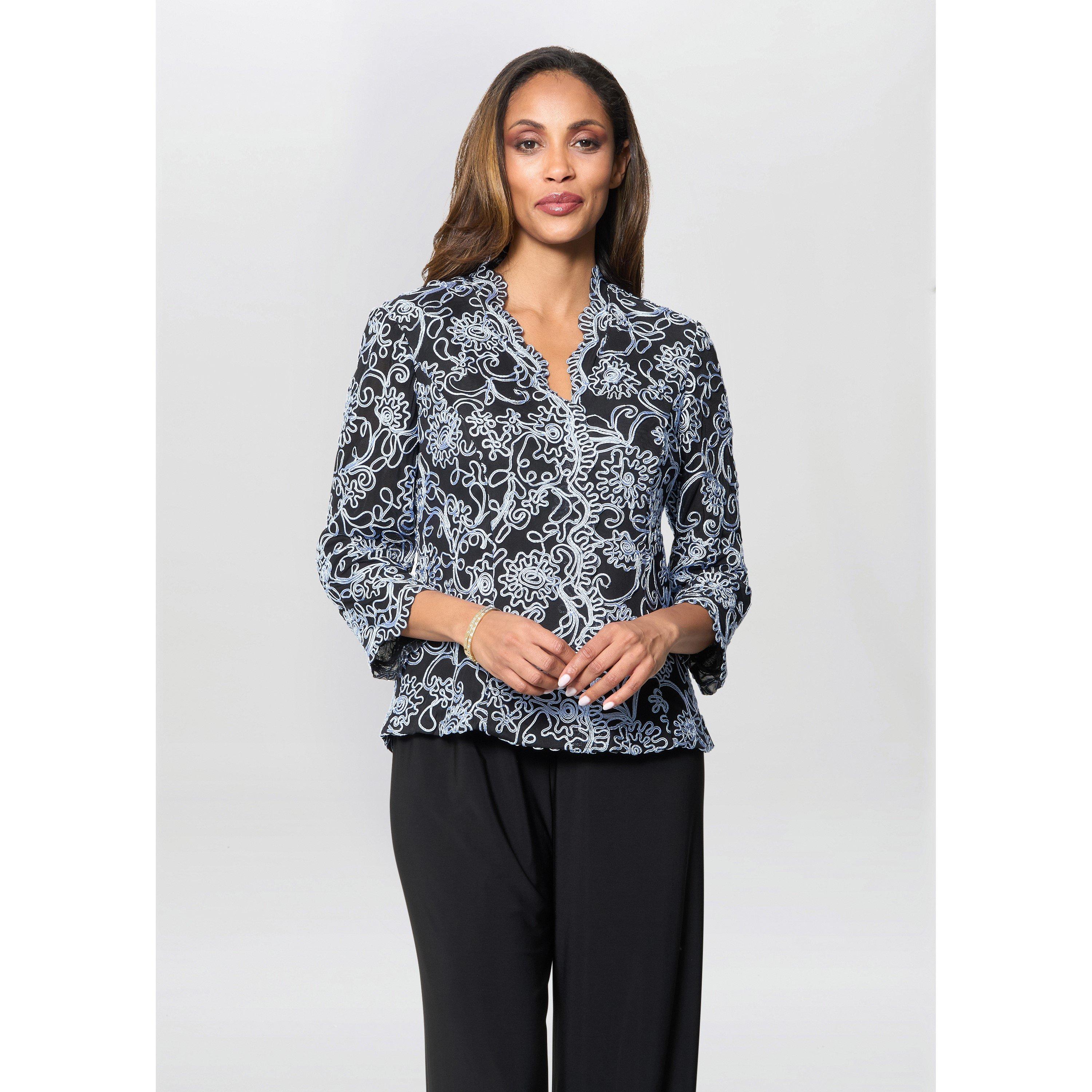 Black / Blue - Gina Bacconi - Lanette Embroidered Blouse With Scallops - 2