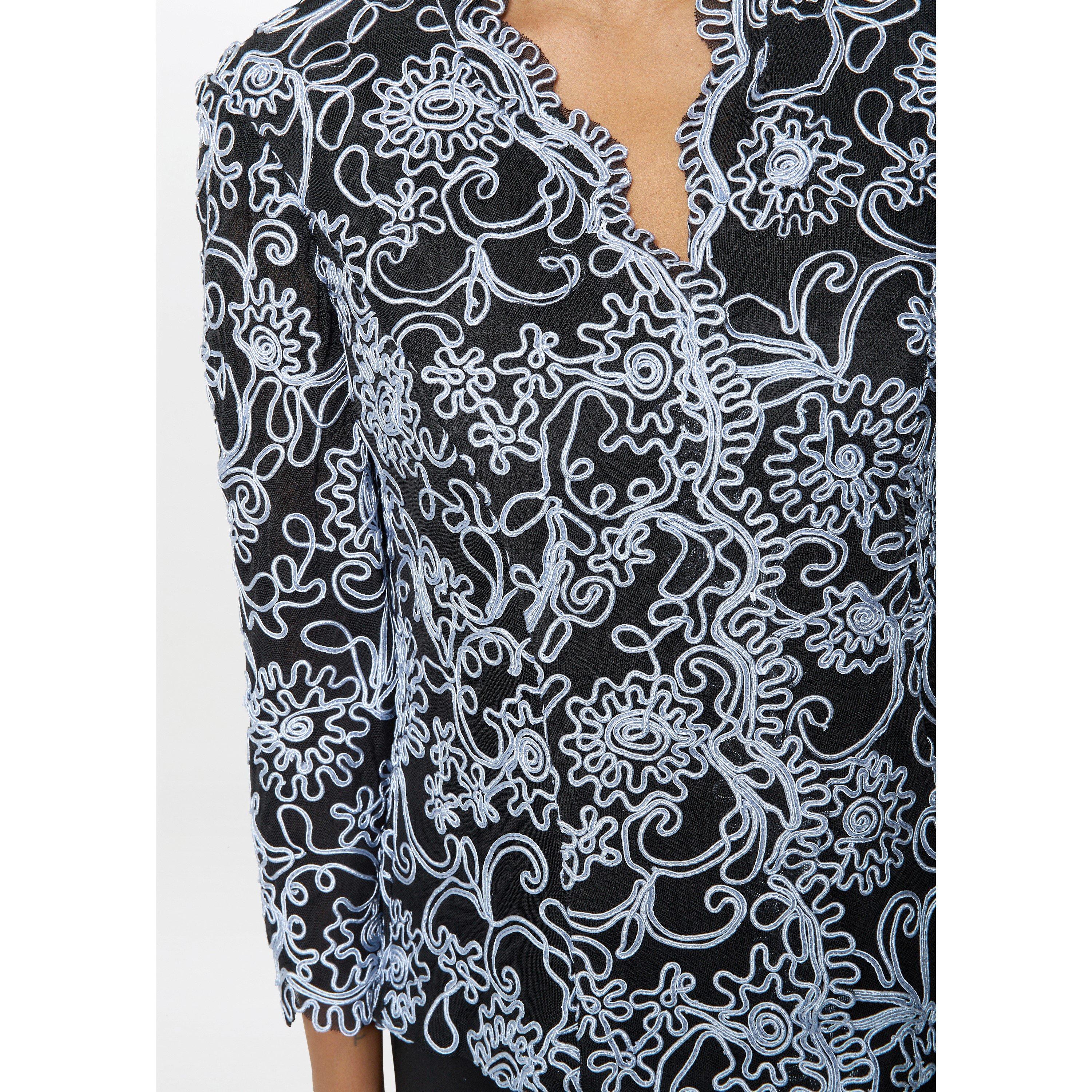 Black / Blue - Gina Bacconi - Lanette Embroidered Blouse With Scallops - 5