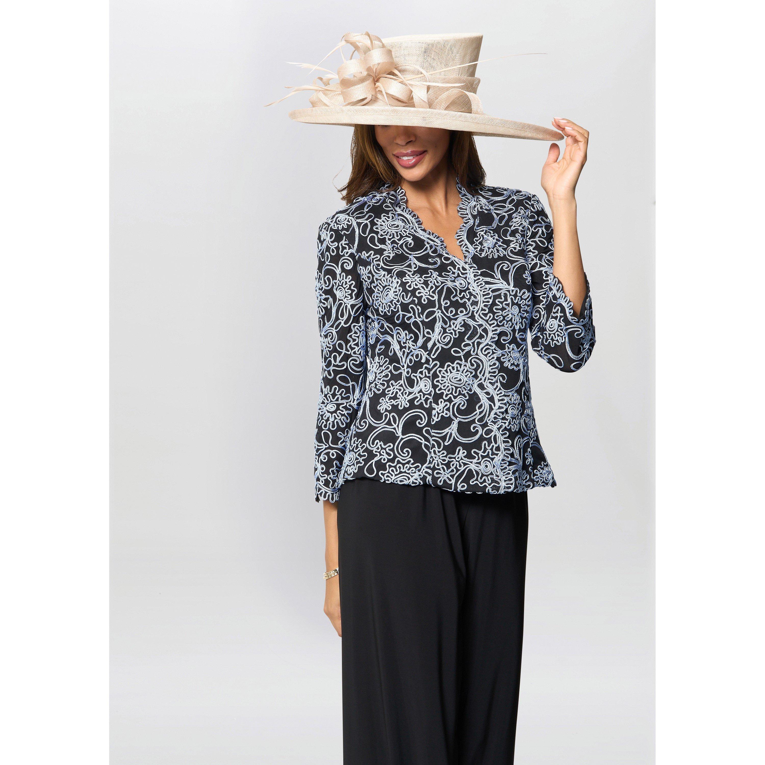 Black / Blue - Gina Bacconi - Lanette Embroidered Blouse With Scallops - 6