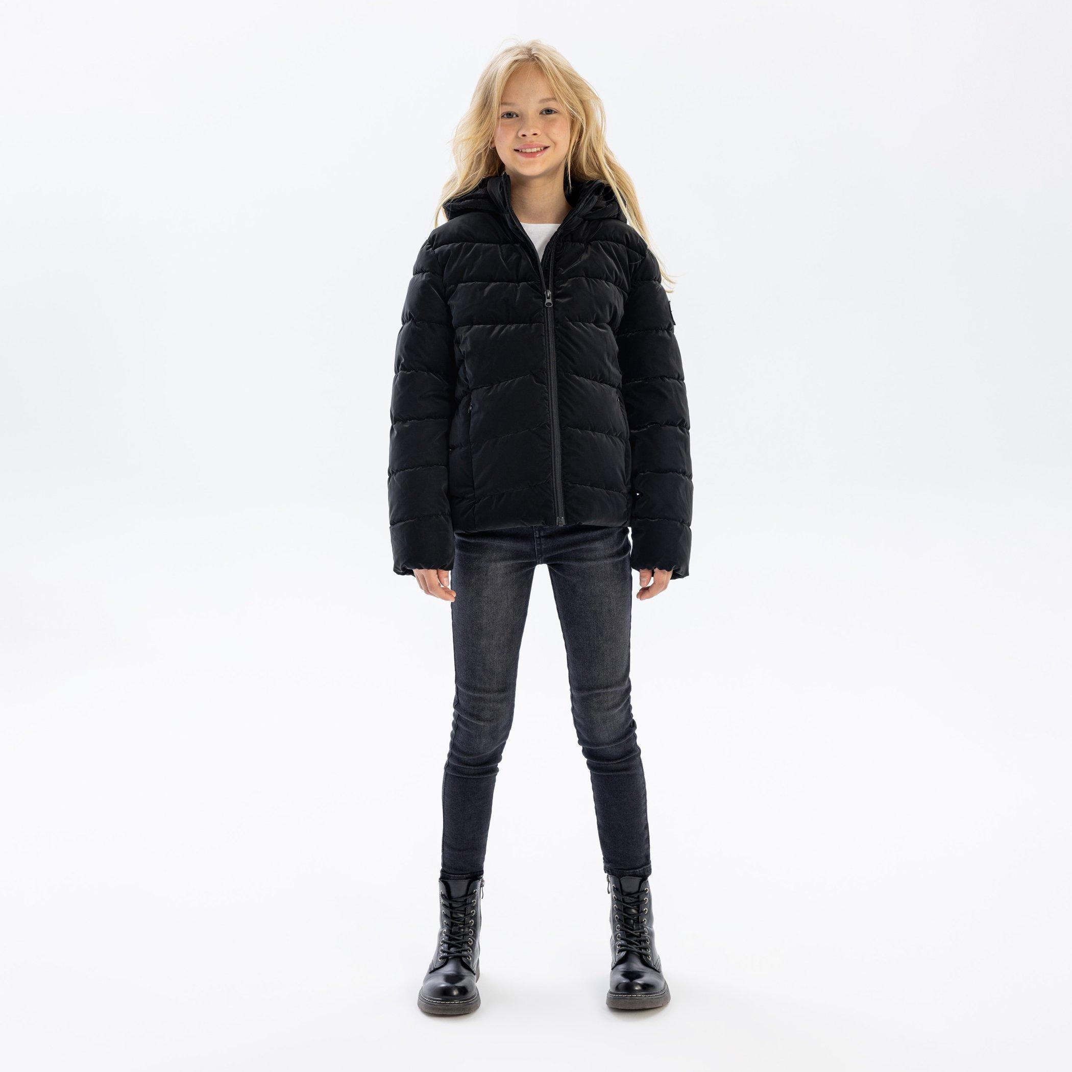 Zwart - Minoti - Girls padded jacket velvet feel black - 2