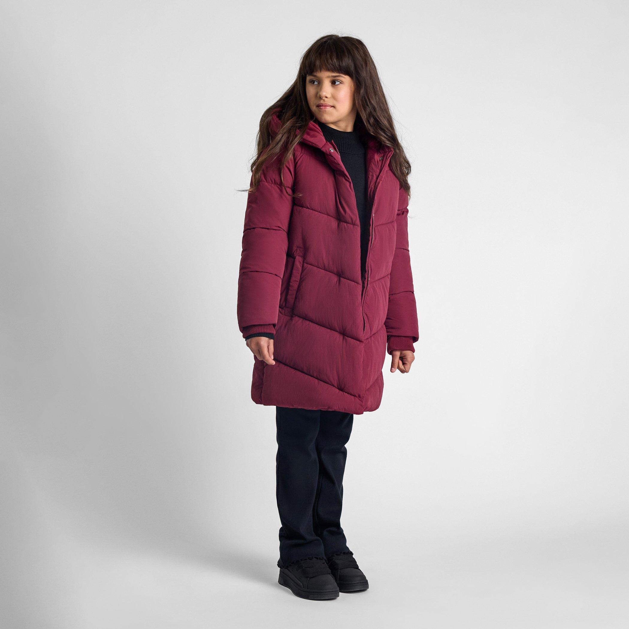 Bordeaux - Minoti - Girls long quilted winter jacket zip press studs burgundy - 3