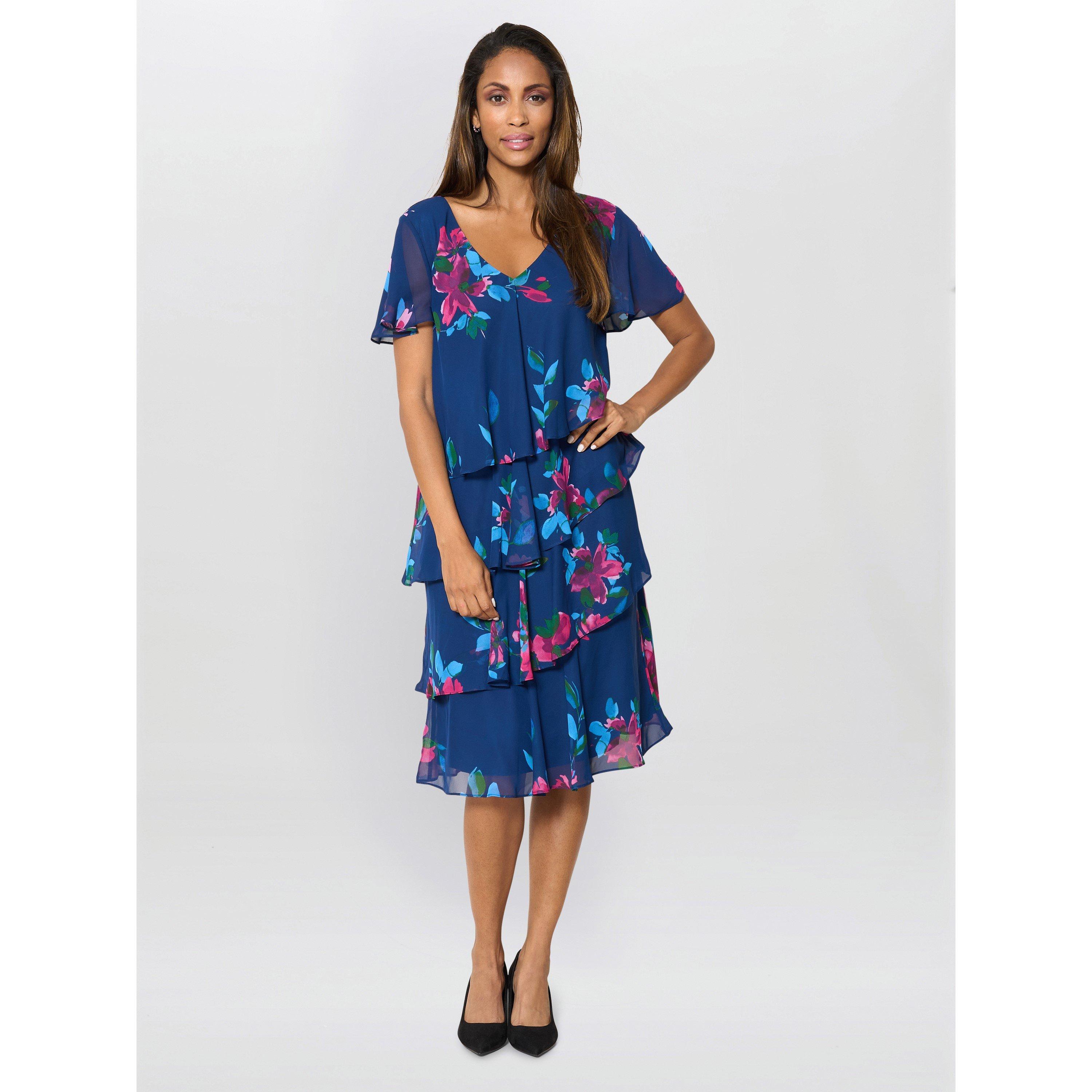 Navy / Multi - Gina Bacconi - Talie Tiered Floral Chiffon Dress - 2