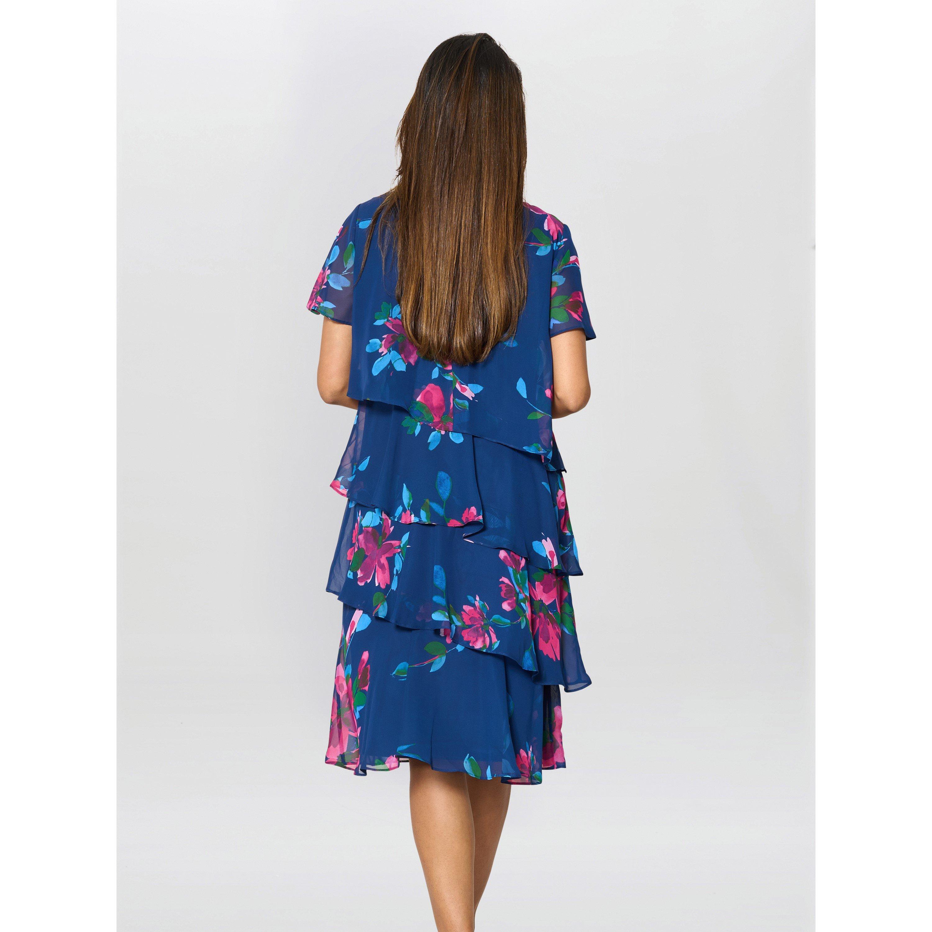 Navy / Multi - Gina Bacconi - Talie Tiered Floral Chiffon Dress - 3