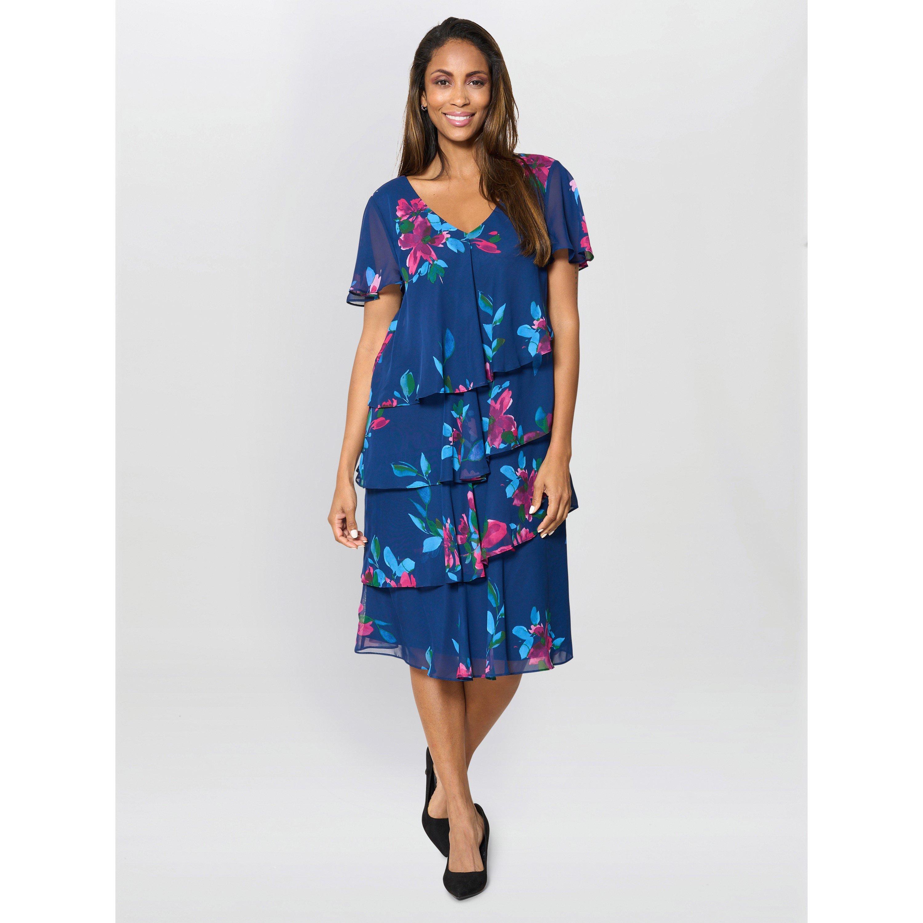 Navy / Multi - Gina Bacconi - Talie Tiered Floral Chiffon Dress - 4