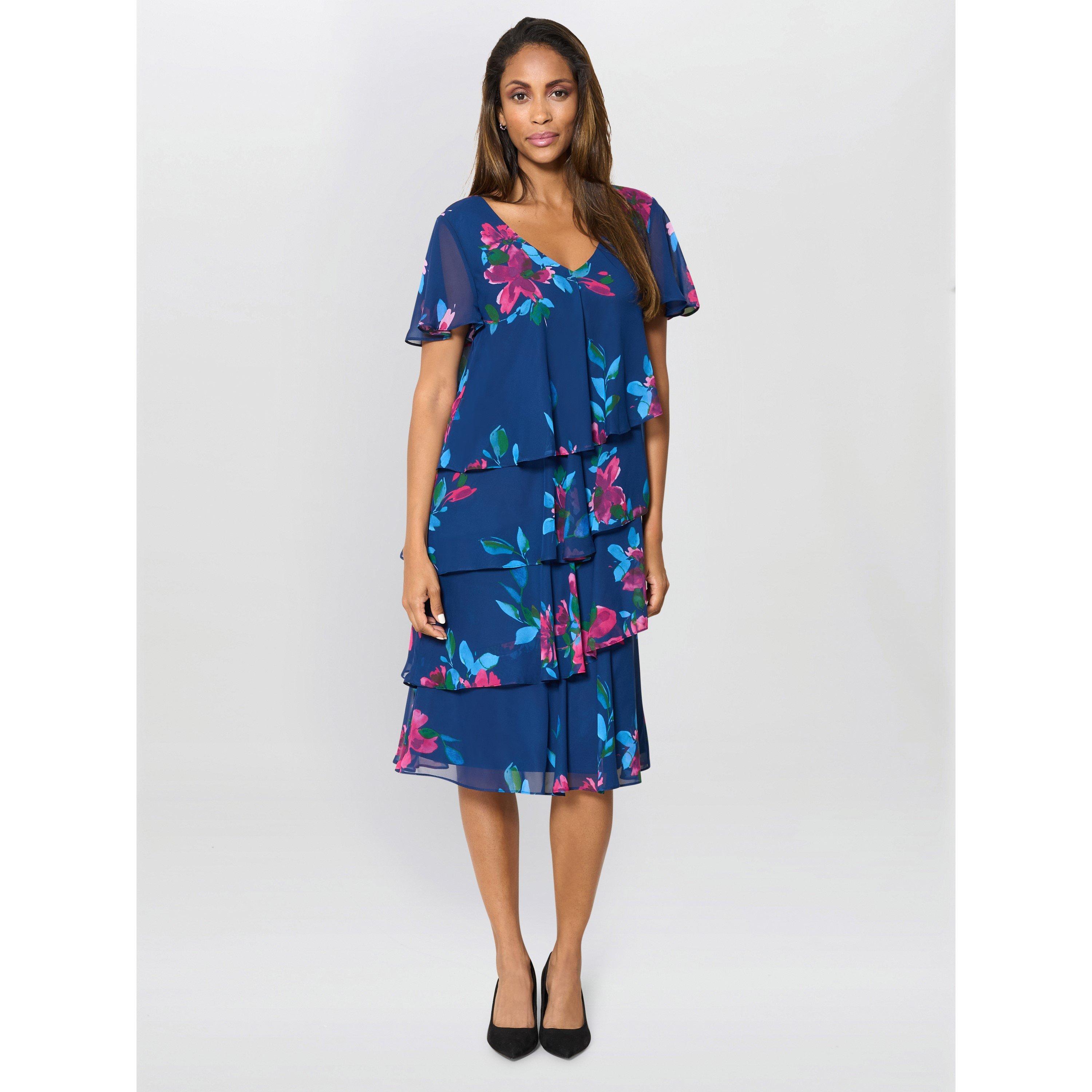 Navy / Multi - Gina Bacconi - Talie Tiered Floral Chiffon Dress - 6