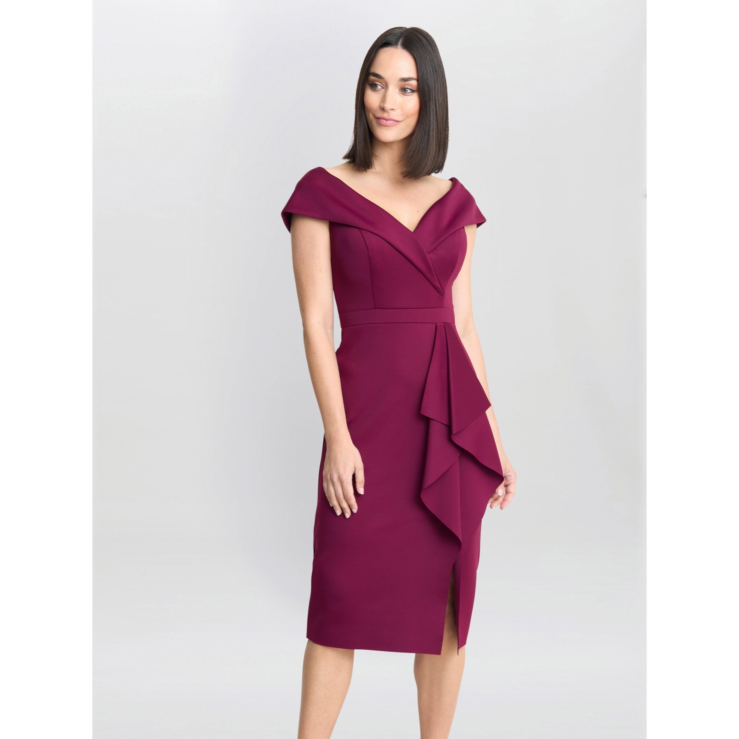 Wine - Gina Bacconi - Miranda Ruffled Off The Shoulder Dress - 1