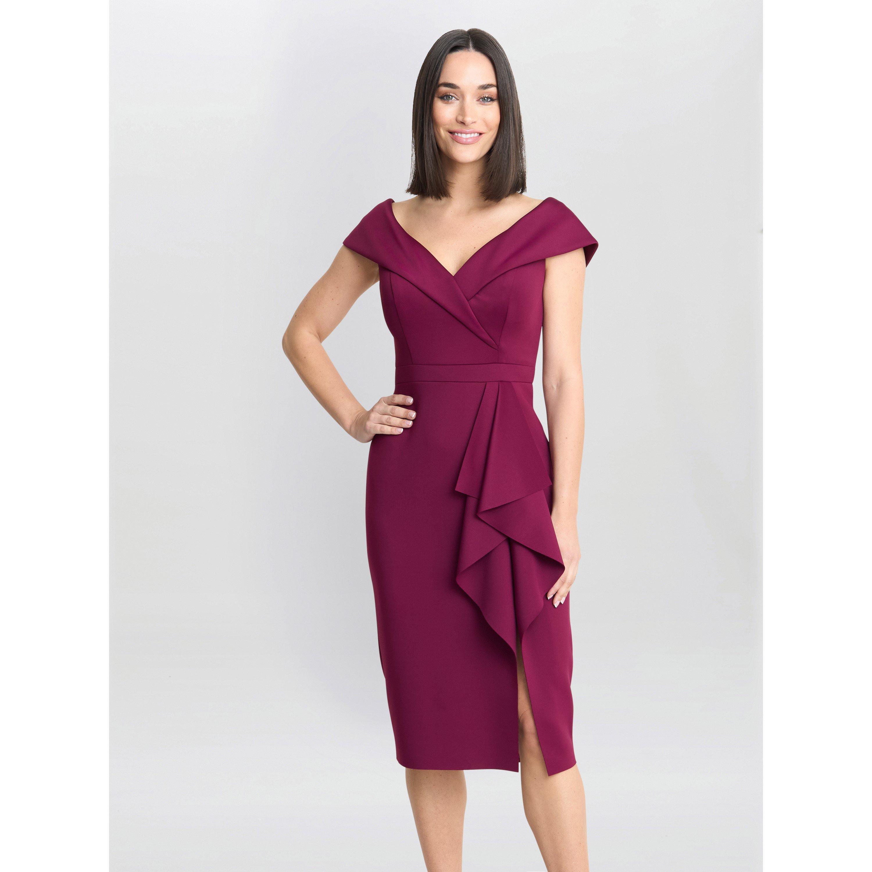 Wine - Gina Bacconi - Miranda Ruffled Off The Shoulder Dress - 3