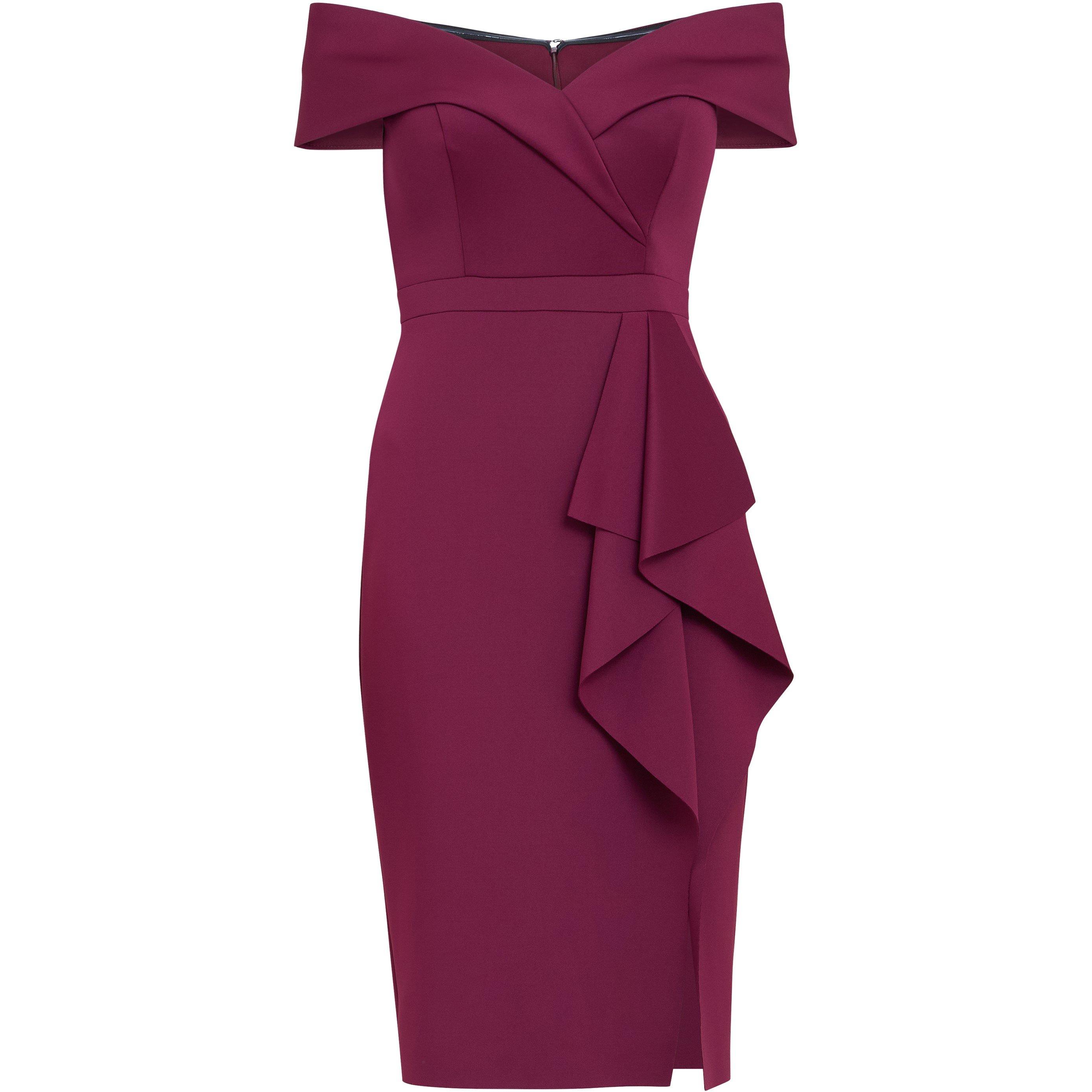 Wine - Gina Bacconi - Miranda Ruffled Off The Shoulder Dress - 4