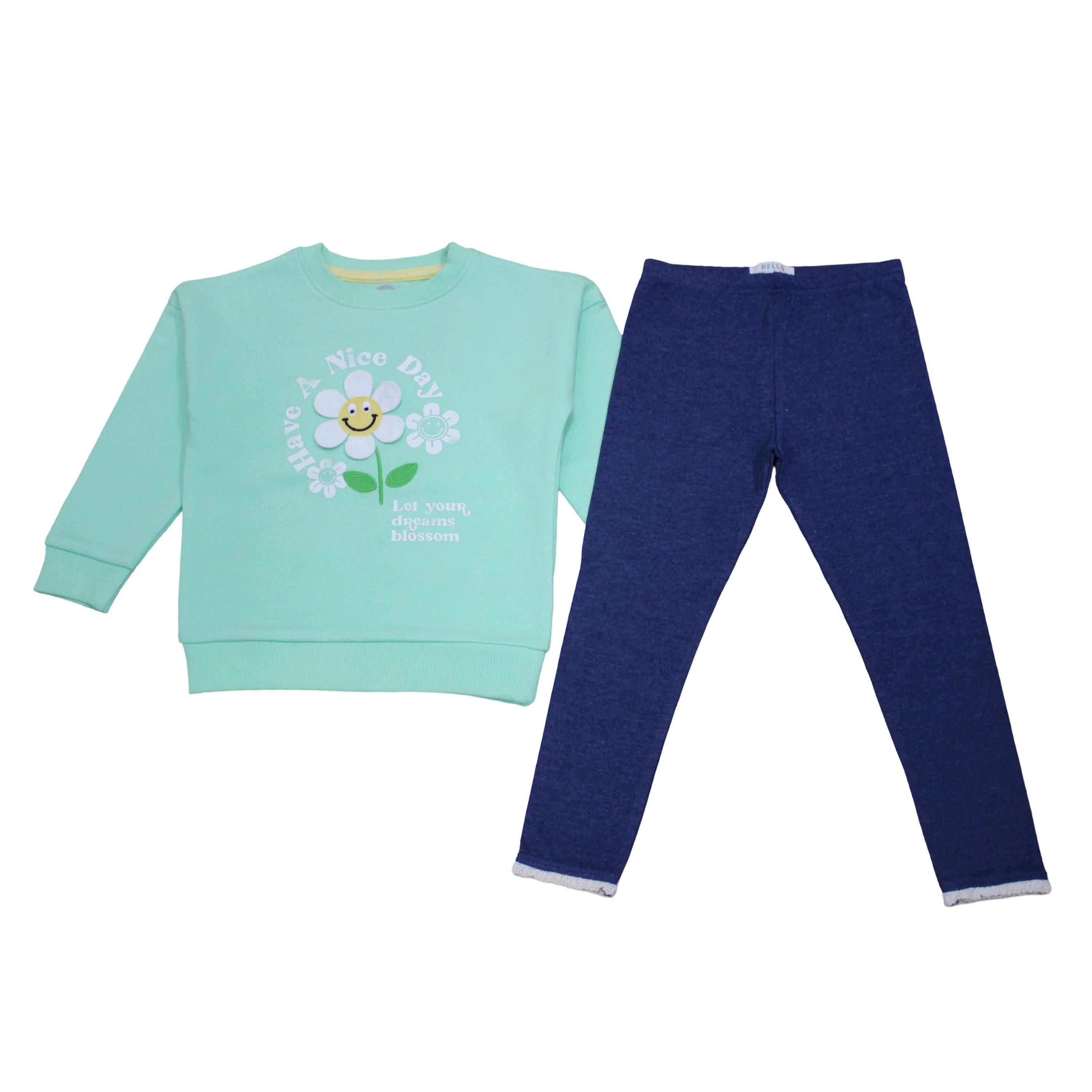 Green/Blue - Hello World - Girls Sweatshirt & Leggings Set - 1