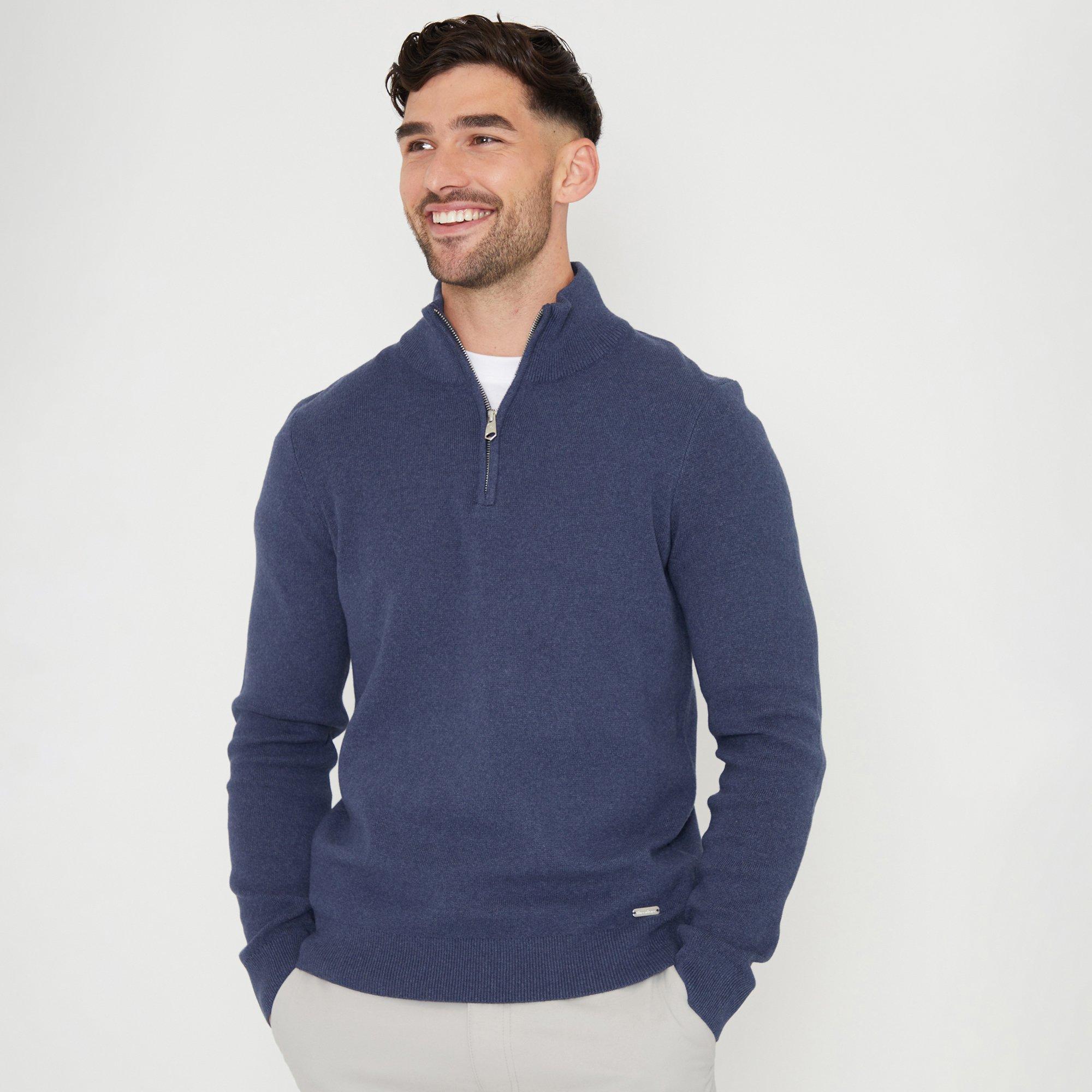 Blue - Threadbare - Cotton Blend Knitted Quarter Zip Jumper - 1
