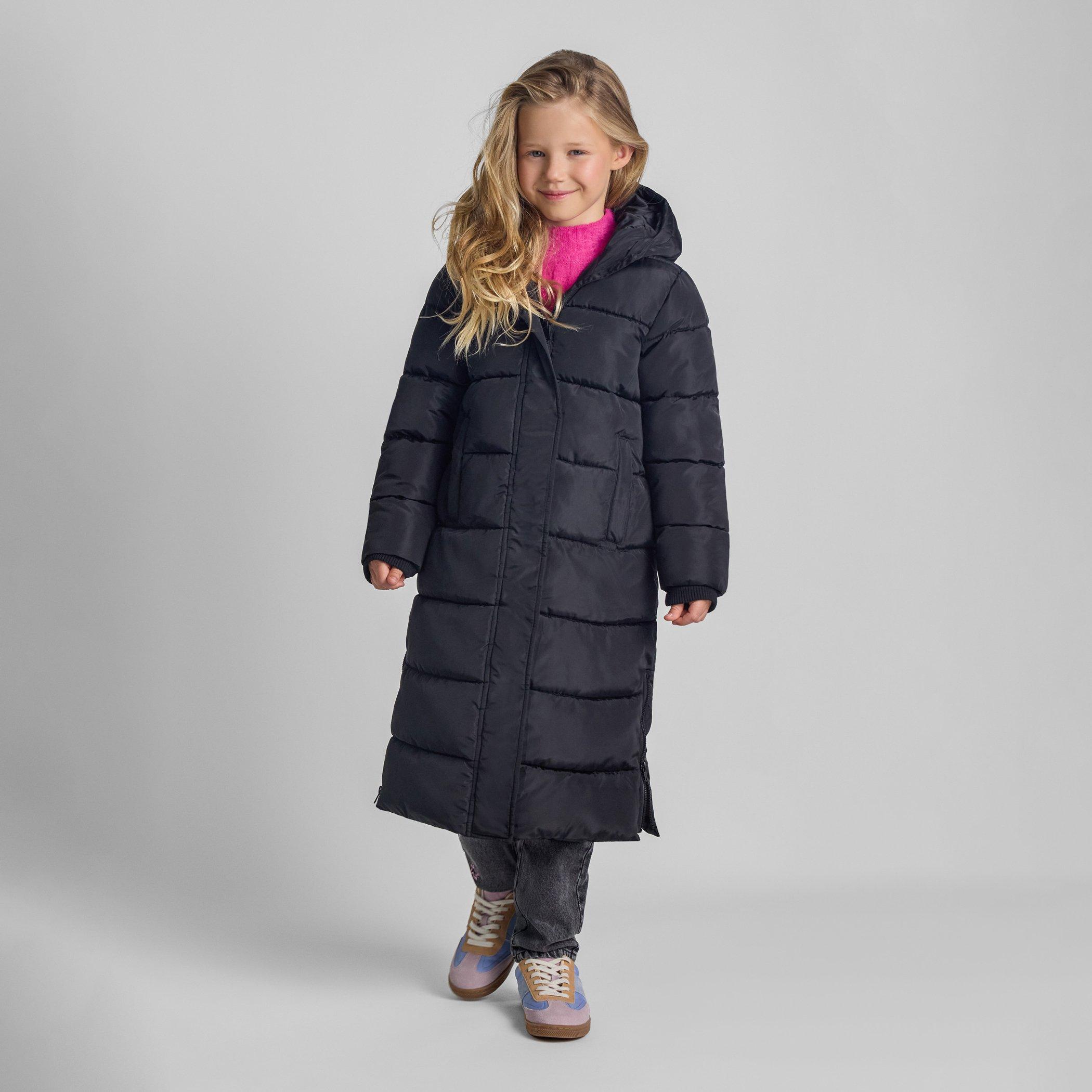 Negro - Minoti - Girls long winter quilted coat with hood and side slits black - 2