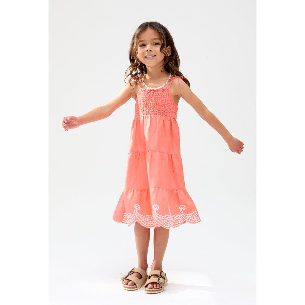 Coral - Raffya - Raffya Kids Emma Shirred Bodice Scalloped Embroidered Dress In Orange - 3