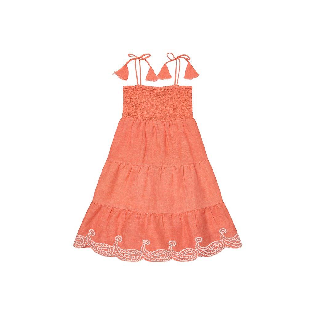 Coral - Raffya - Raffya Kids Emma Shirred Bodice Scalloped Embroidered Dress In Orange - 7