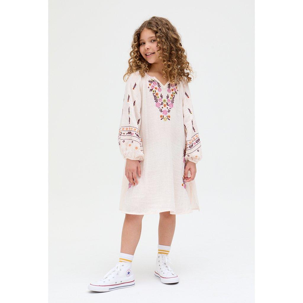 Ecru - Raffya - Kids Lavender Full Sleeves Placement Embroidered Dress In Cream - 2