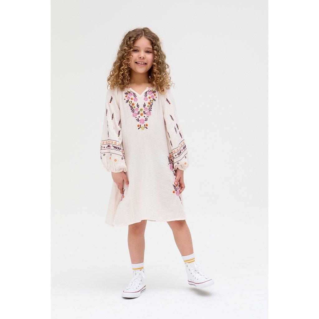 Ecru - Raffya - Kids Lavender Full Sleeves Placement Embroidered Dress In Cream - 3