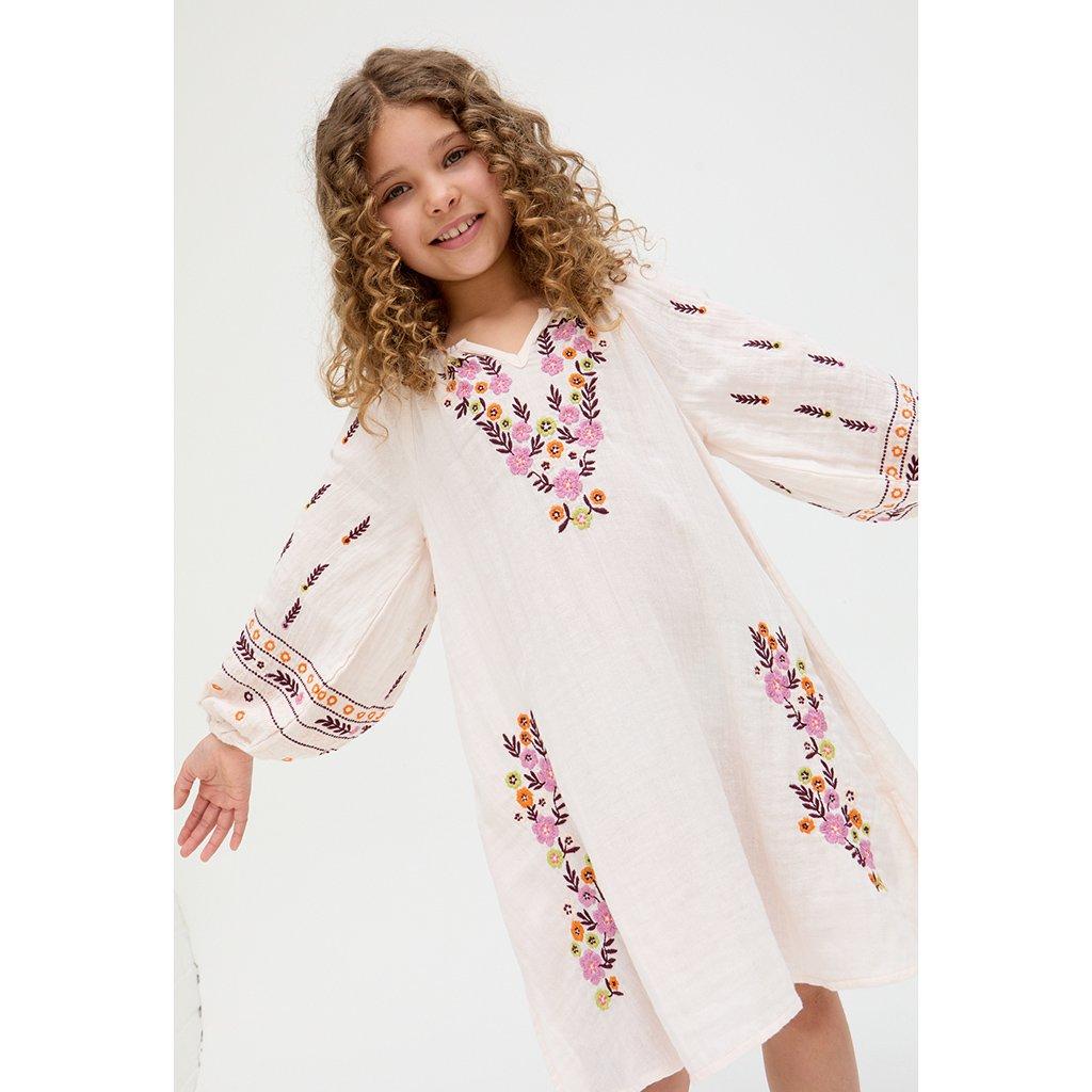 Ecru - Raffya - Kids Lavender Full Sleeves Placement Embroidered Dress In Cream - 4