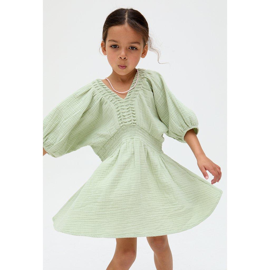 Green - Raffya - Kids Soipoi Ruched V-Neck Dress In Green - 2