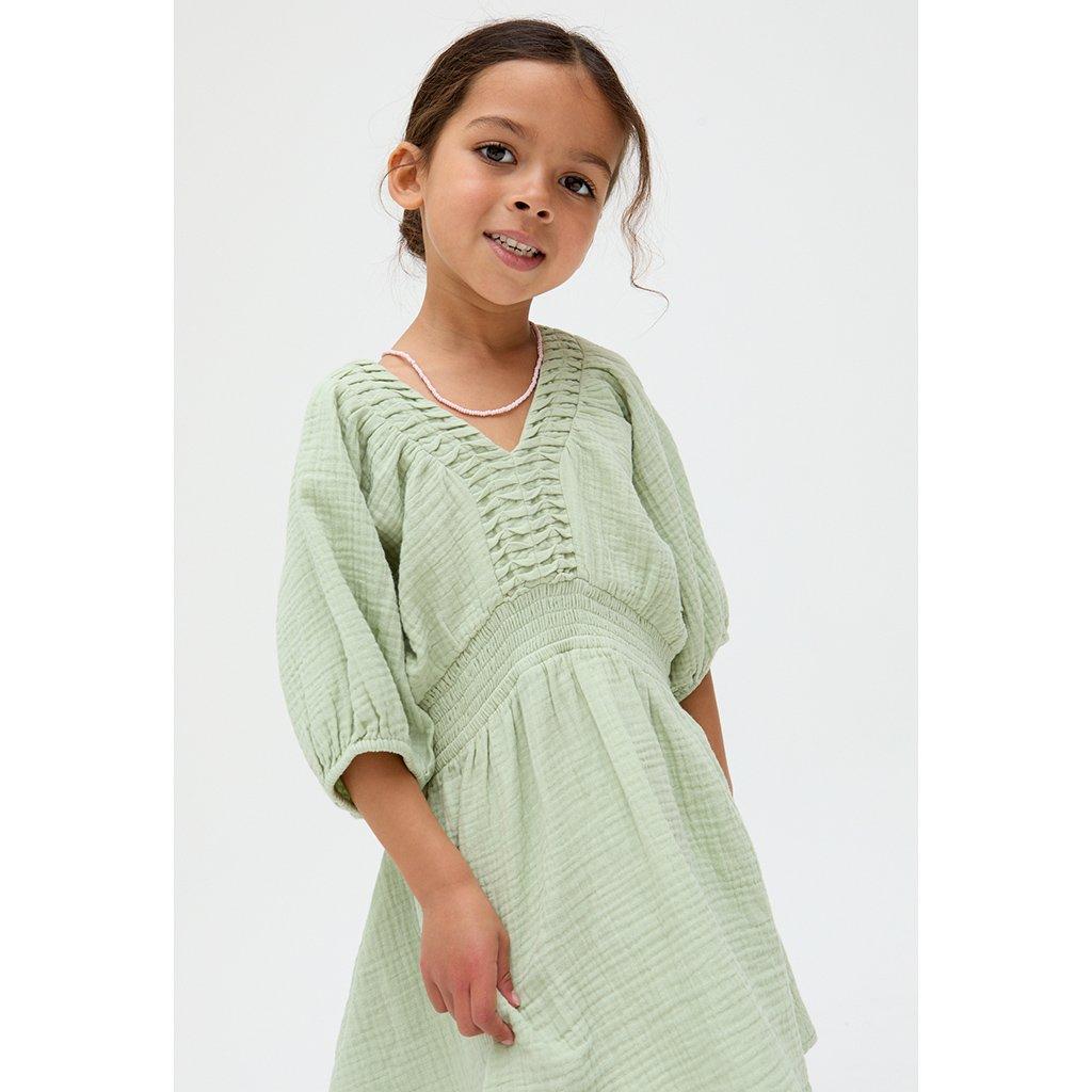 Green - Raffya - Kids Soipoi Ruched V-Neck Dress In Green - 3