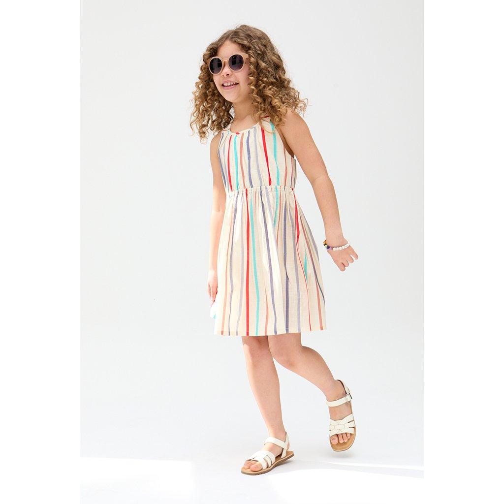Ecru - Raffya - Raffya Kids Kris Cross Back Stripe Print Dress In Cream - 3