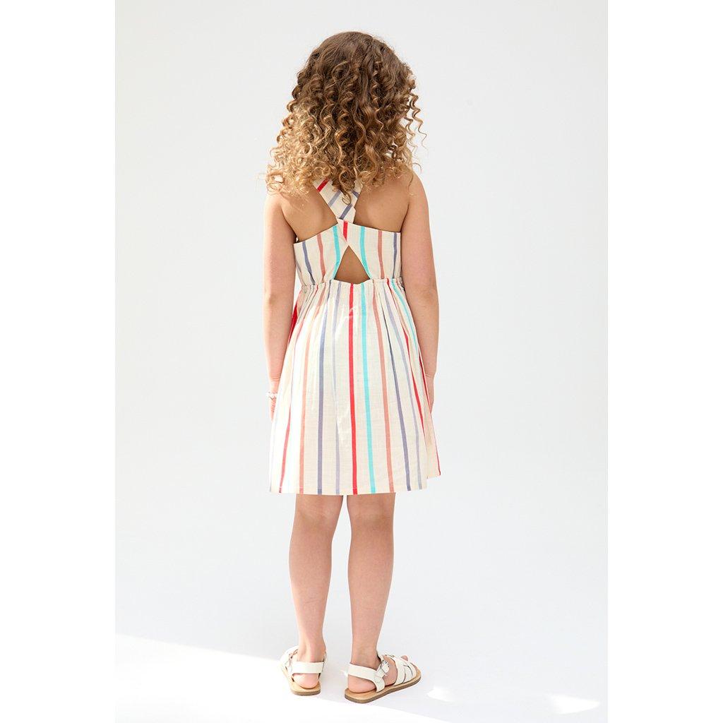 Ecru - Raffya - Raffya Kids Kris Cross Back Stripe Print Dress In Cream - 5