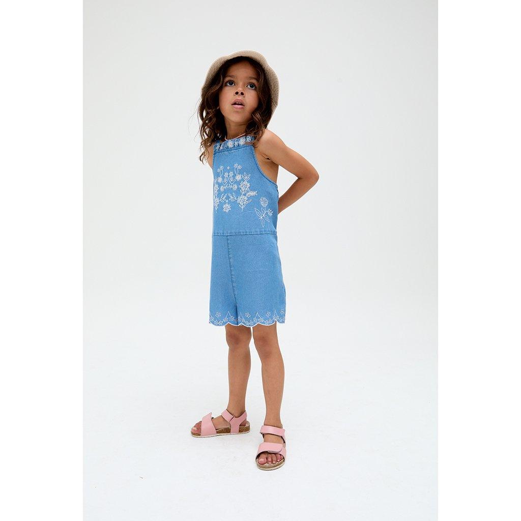Blue - Raffya - Kids Rachel Scalloped Hem Embroidered Playsuit In Blue - 2