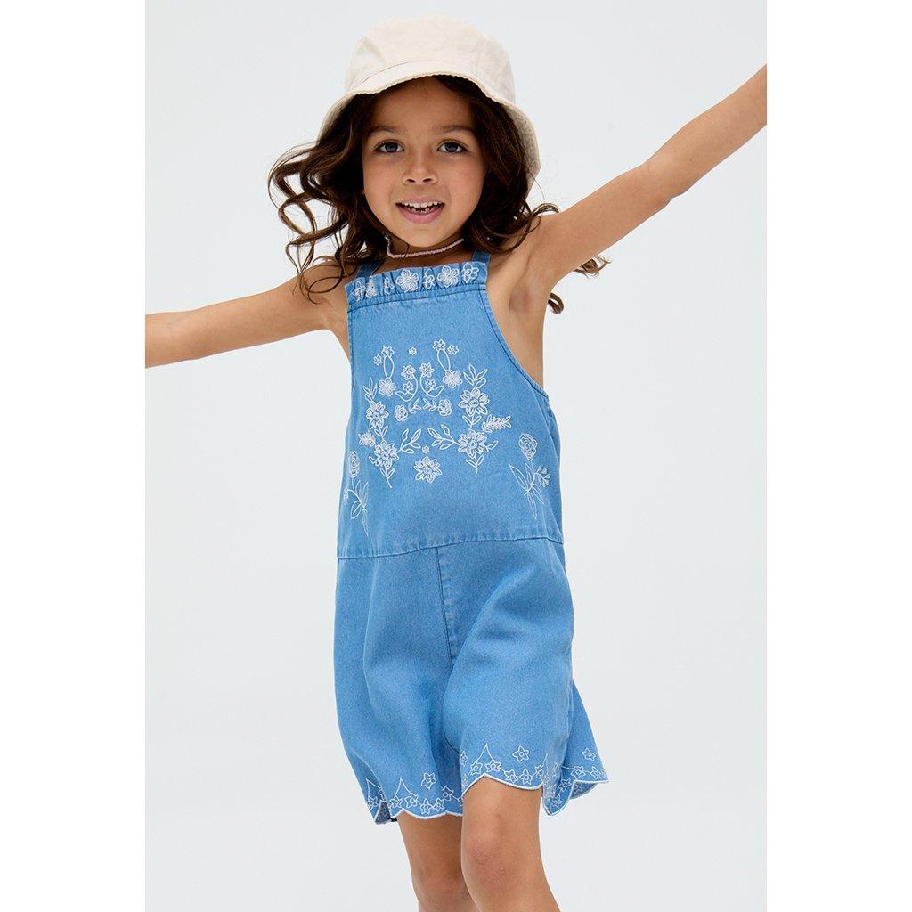 Blue - Raffya - Kids Rachel Scalloped Hem Embroidered Playsuit In Blue - 3