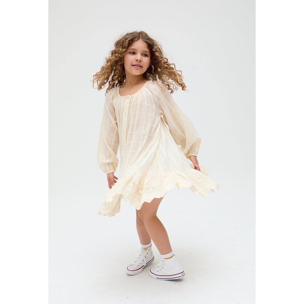 White - Raffya - Kids Olivia Button Down Embroidered Dress In Cream - 2
