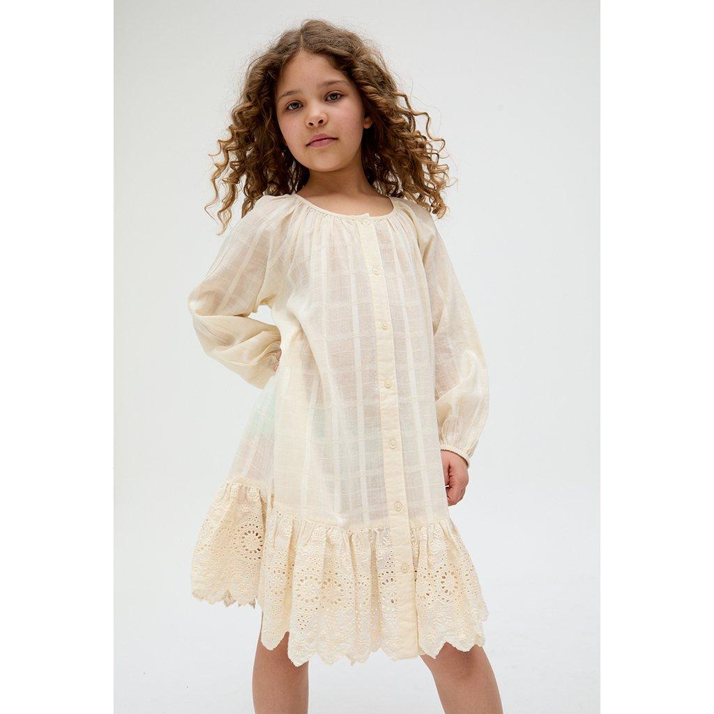 White - Raffya - Kids Olivia Button Down Embroidered Dress In Cream - 4