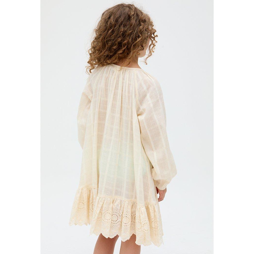 White - Raffya - Kids Olivia Button Down Embroidered Dress In Cream - 5