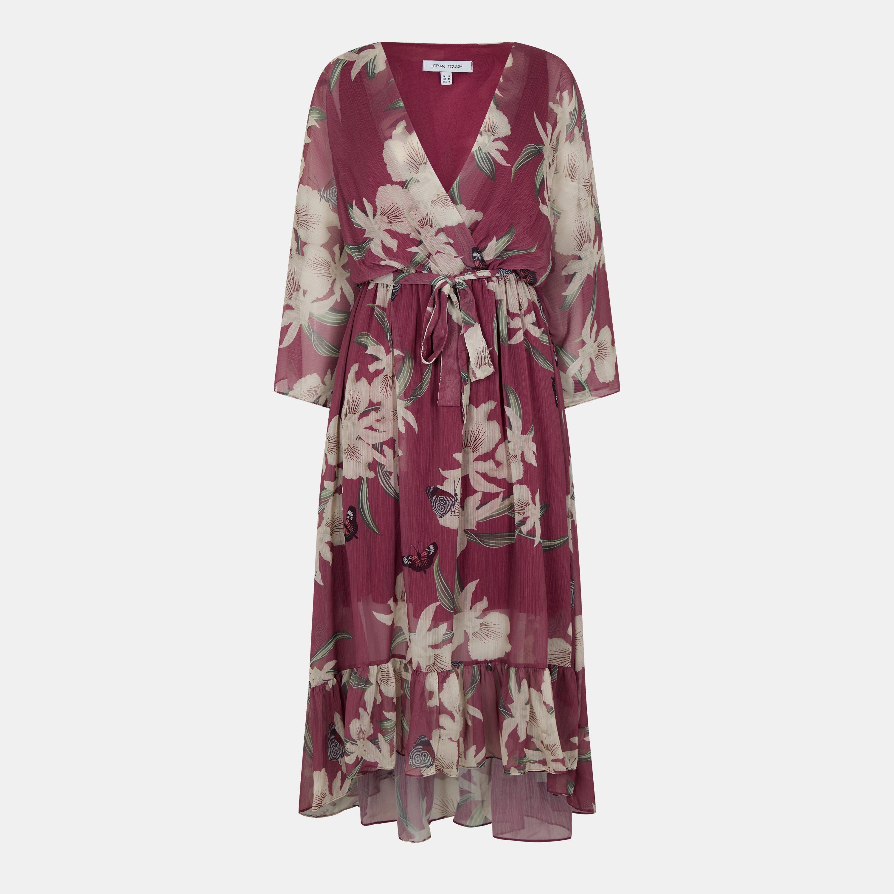 Rose Pink - Yumi - Rose Pink Floral Kimono Midi Wrap Dress - 1
