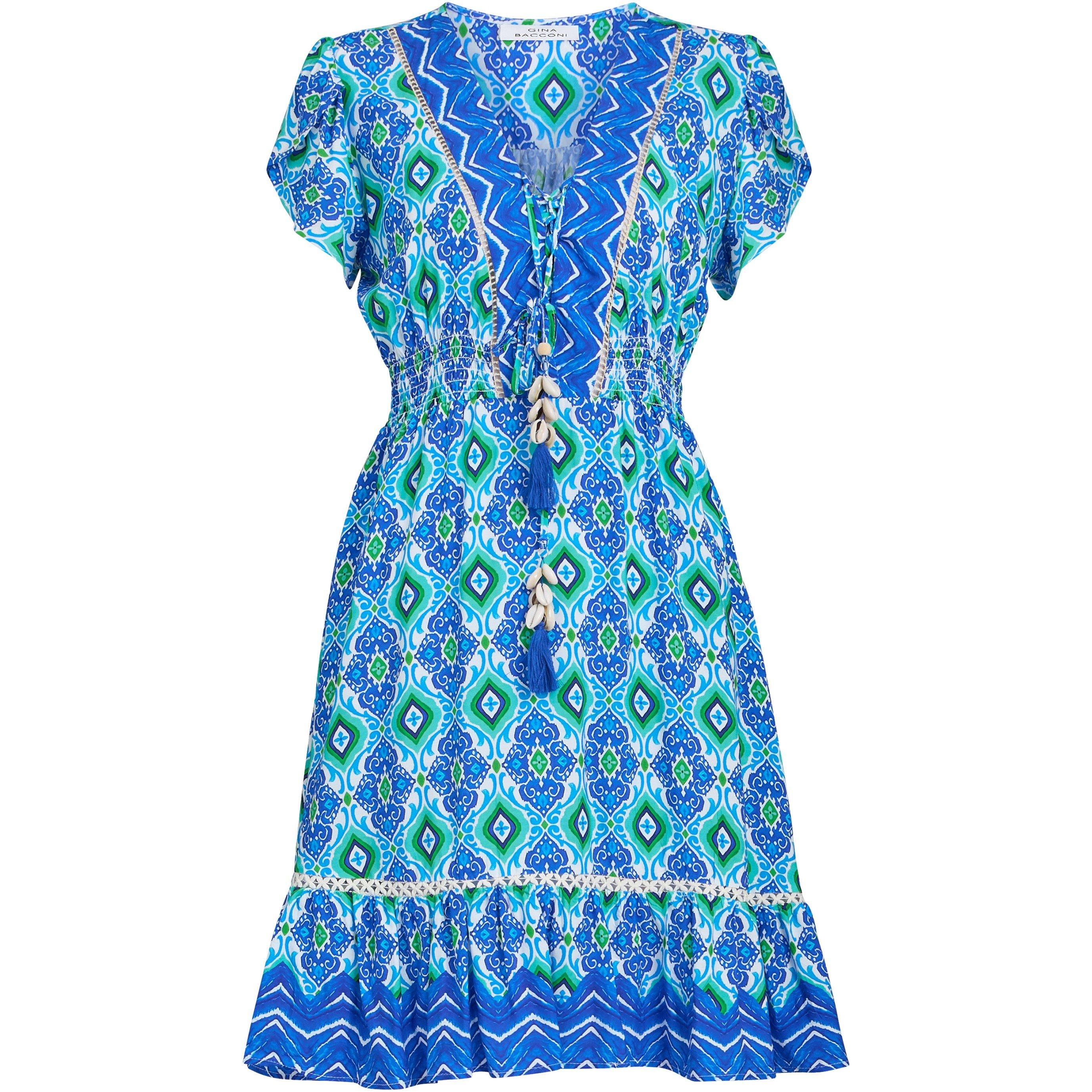 Blue / Green - Gina Bacconi - Women's EVANA Shorts Summer A-Line Dress - 4