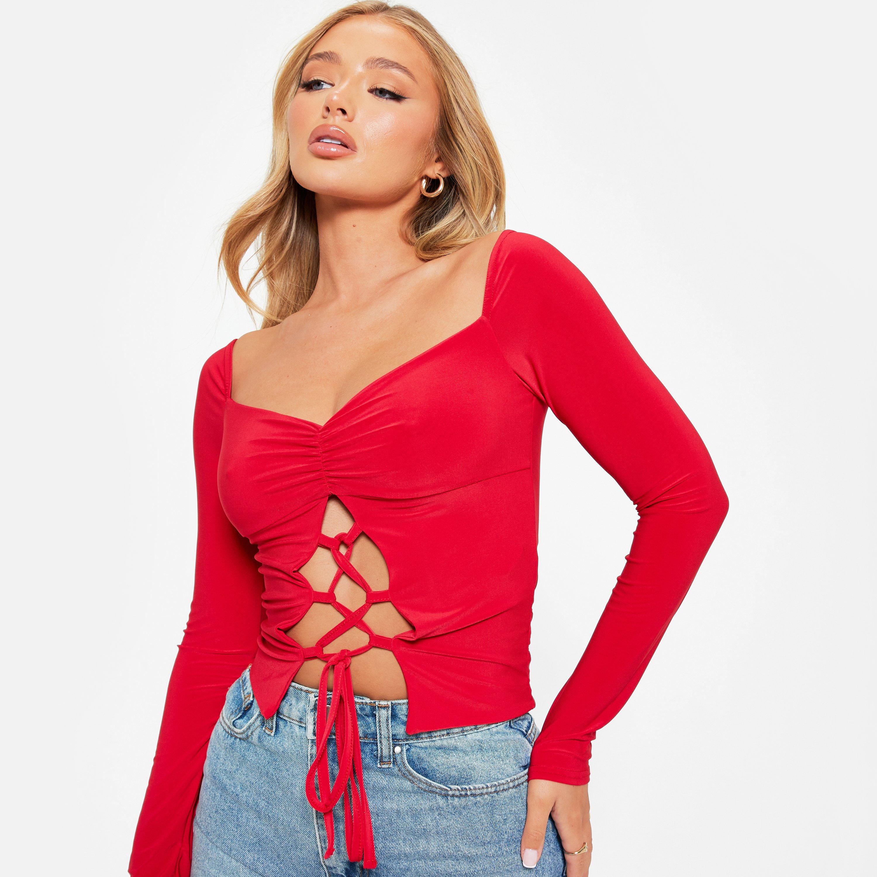 RED - I Saw It First - ISAWITFIRST Lace Up Ruched Bust Double Layered Crop Top - 1