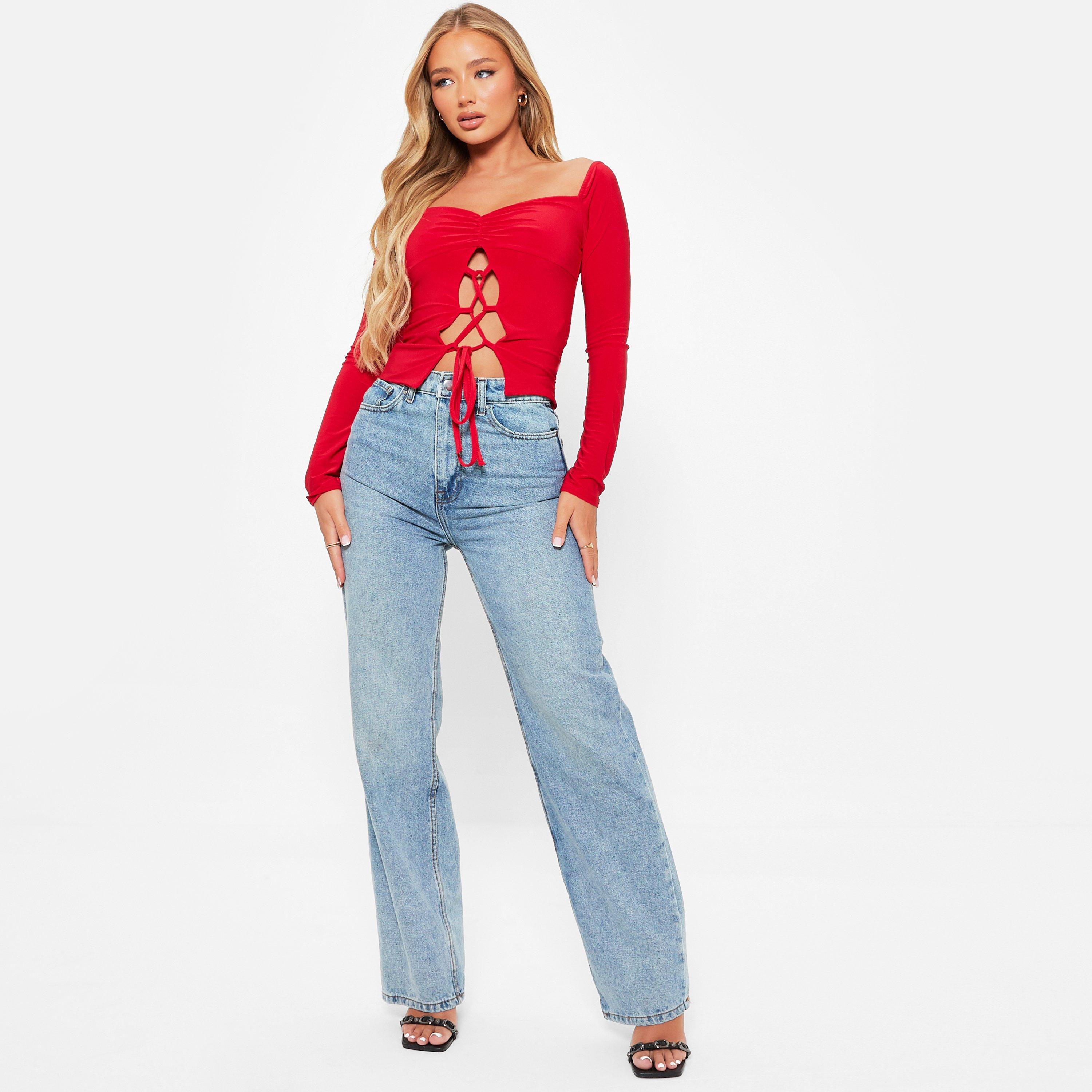 RED - I Saw It First - Lace Up Ruched Bust Double Layered Crop Top - 2
