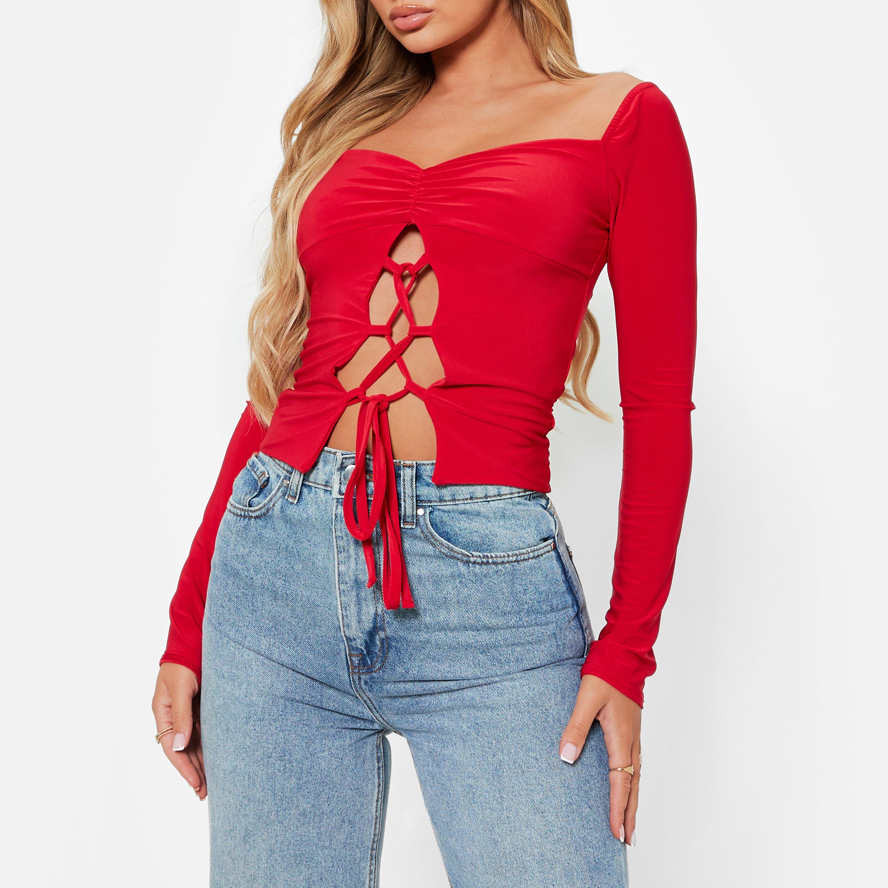 RED - I Saw It First - Lace Up Ruched Bust Double Layered Crop Top - 3