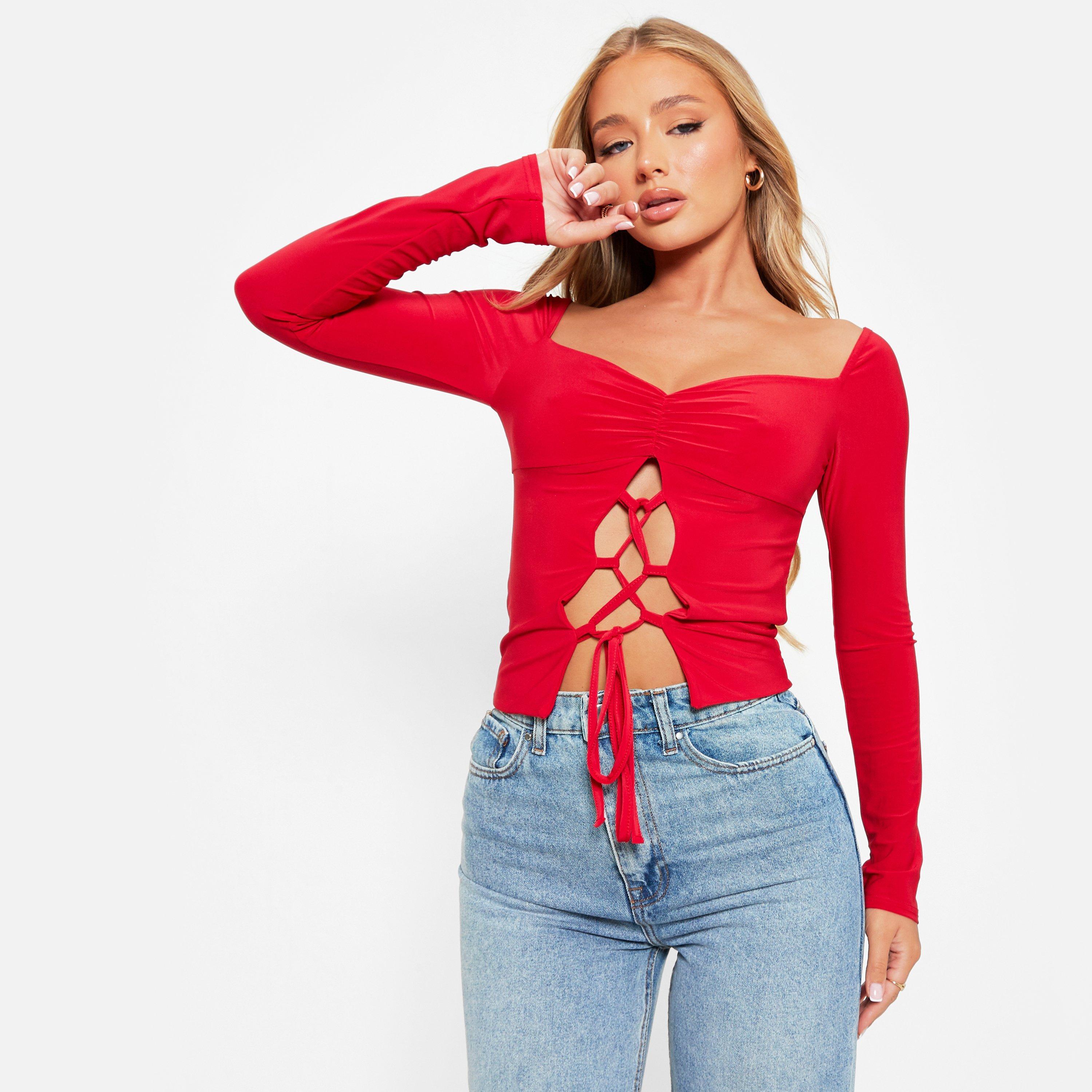 RED - I Saw It First - Lace Up Ruched Bust Double Layered Crop Top - 4