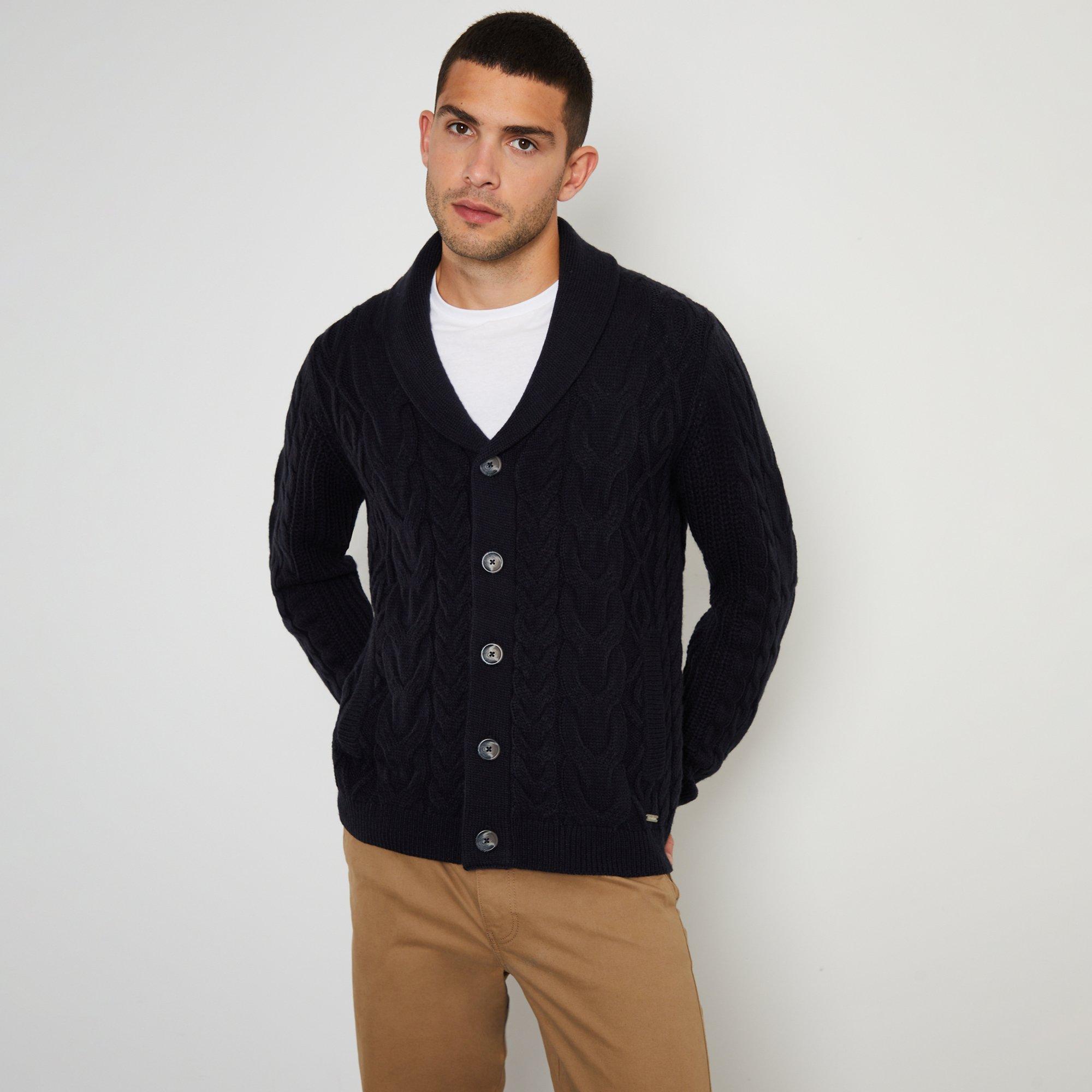 Navy - Threadbare - Cable Knit Shawl Collar Cardigan With Wool - 1