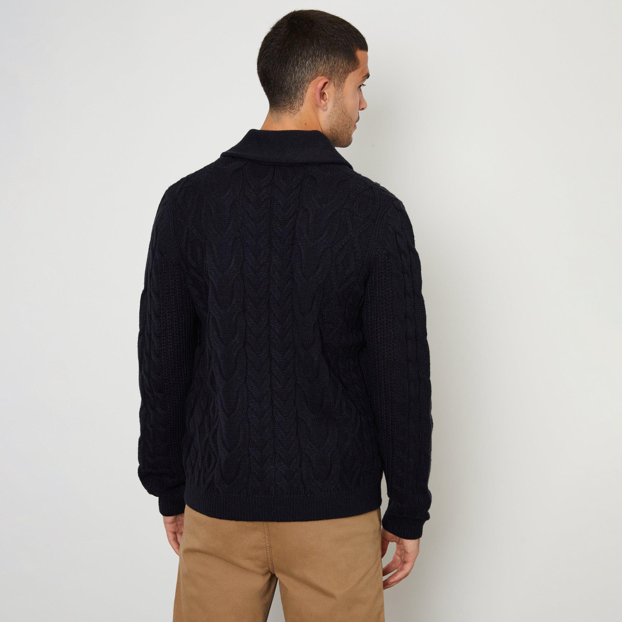 Navy - Threadbare - Cable Knit Shawl Collar Cardigan With Wool - 2