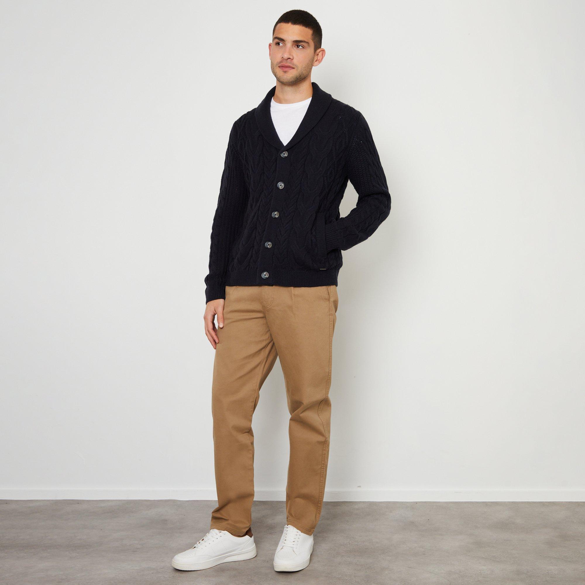 Navy - Threadbare - Cable Knit Shawl Collar Cardigan With Wool - 3