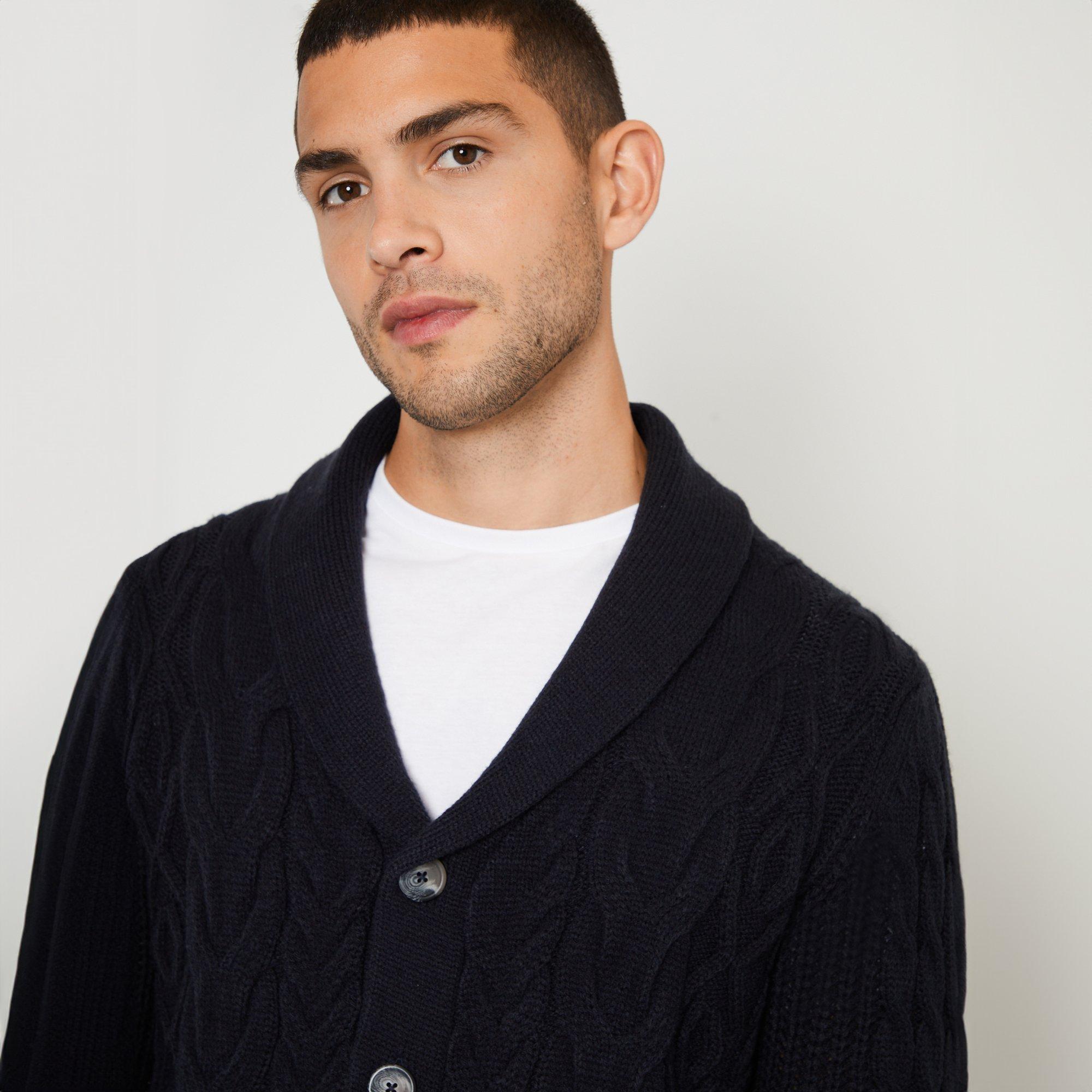 Navy - Threadbare - Cable Knit Shawl Collar Cardigan With Wool - 4