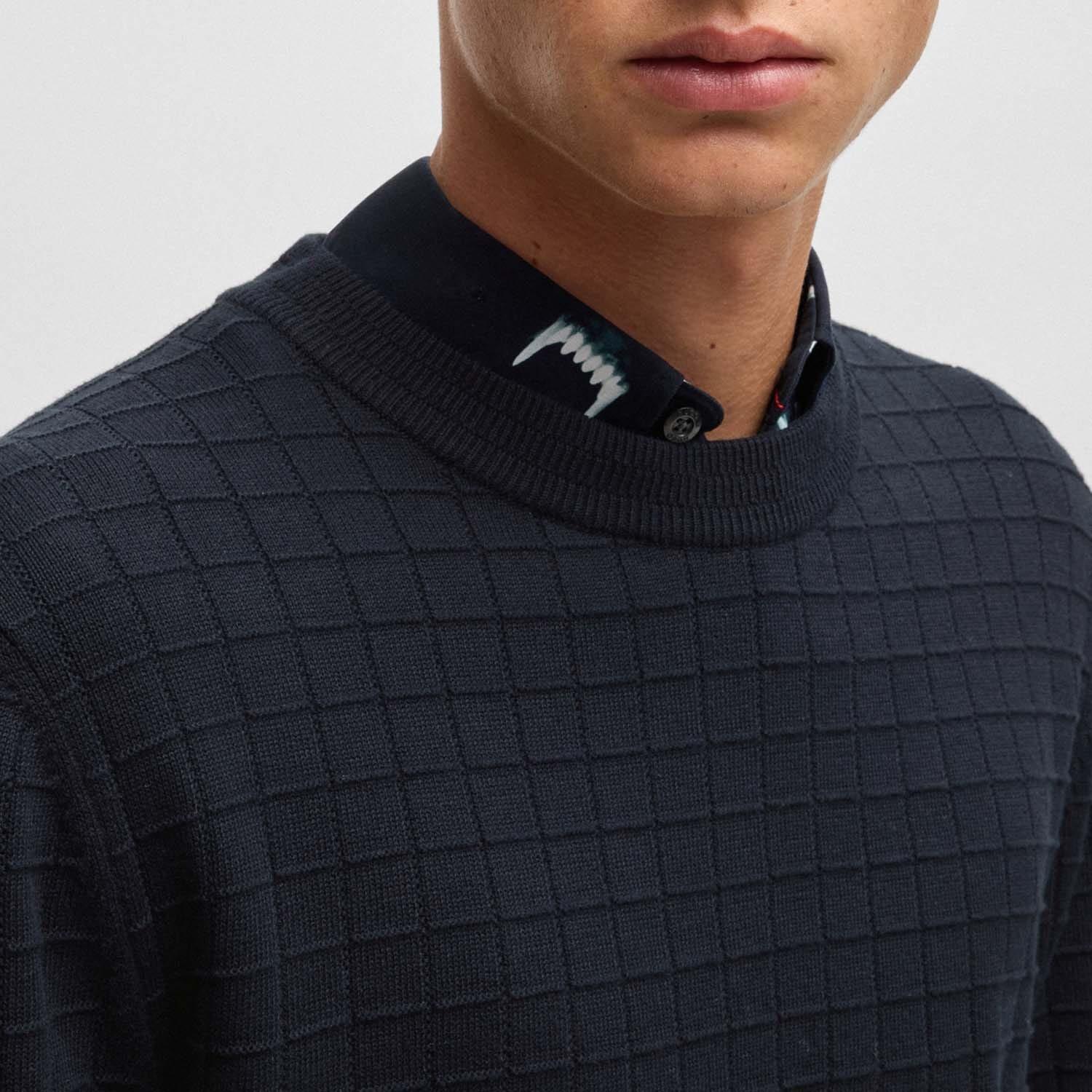 Navy - Hugo - Scoult Grid Pattern Regular-Fit Sweater - 4