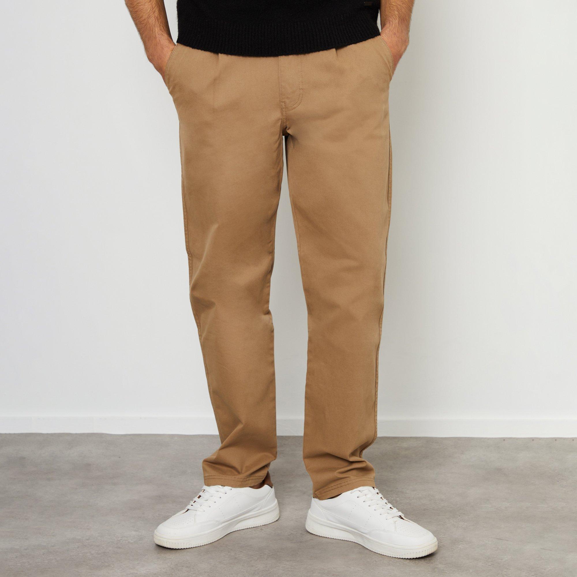 Threadbare Men's Cotton Straight Leg Pleated Chino Trousers With St - Stone - 36R