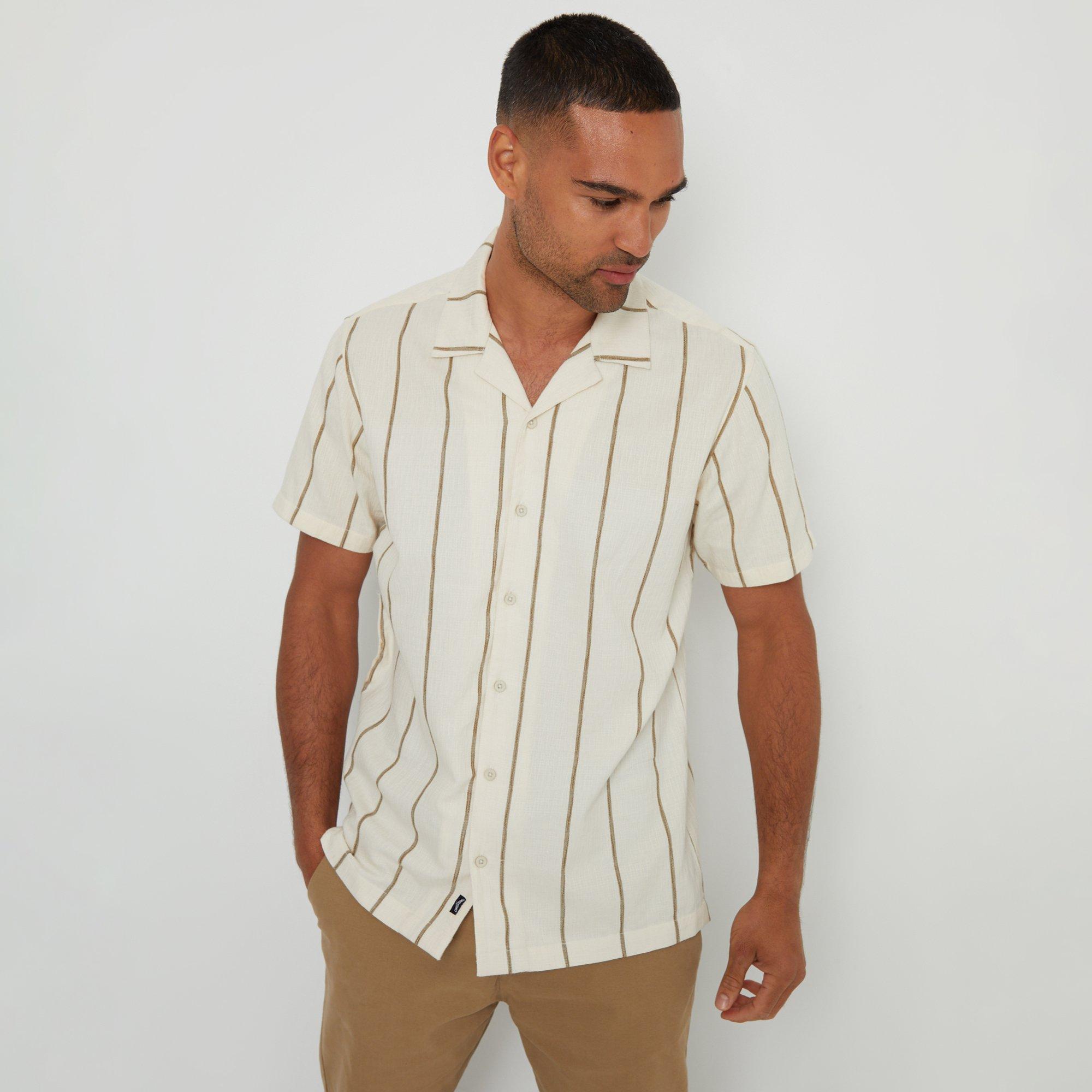 Natural - Threadbare - Textured Stripe Revere Collar Short Sleeve Shirt - 2