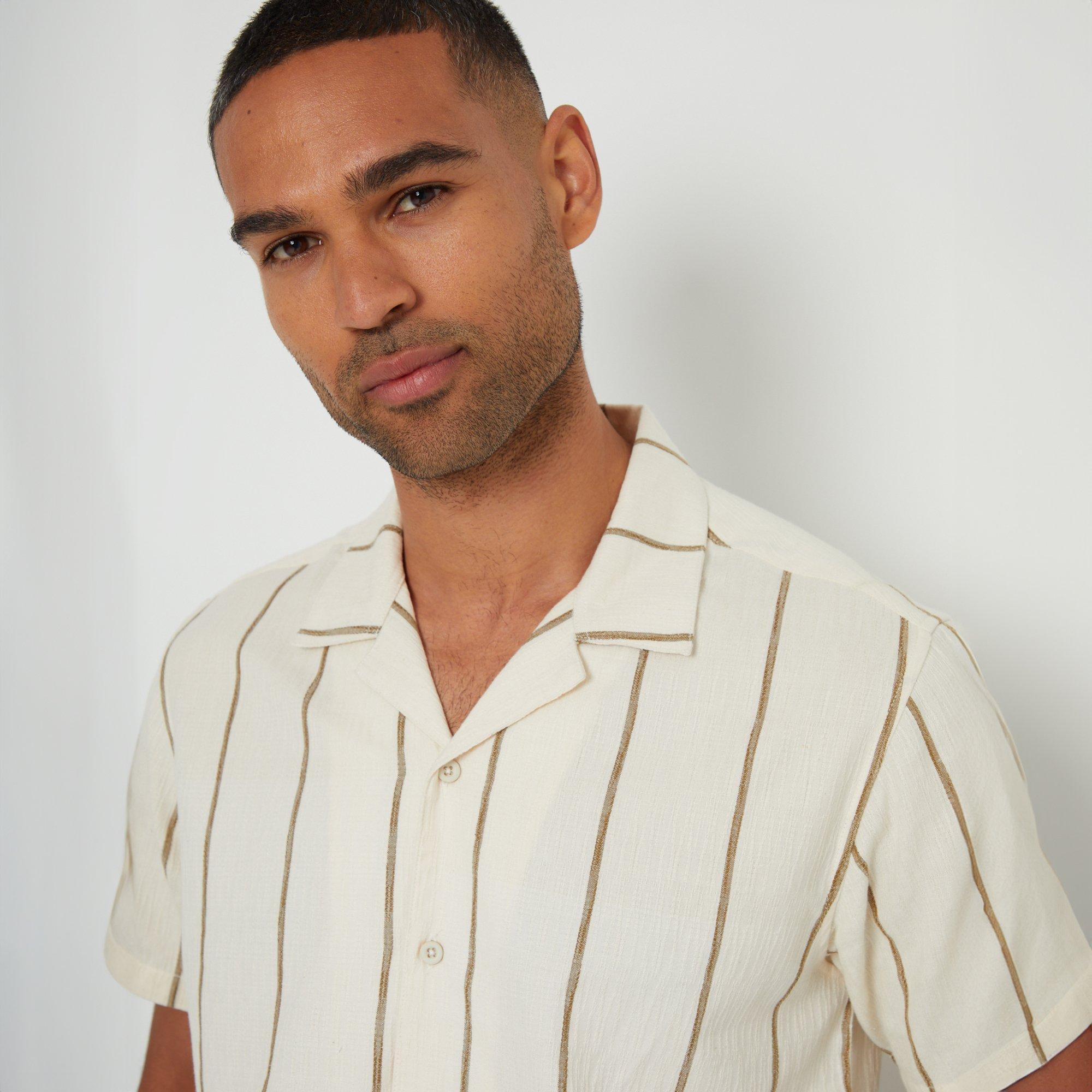 Natural - Threadbare - Textured Stripe Revere Collar Short Sleeve Shirt - 3