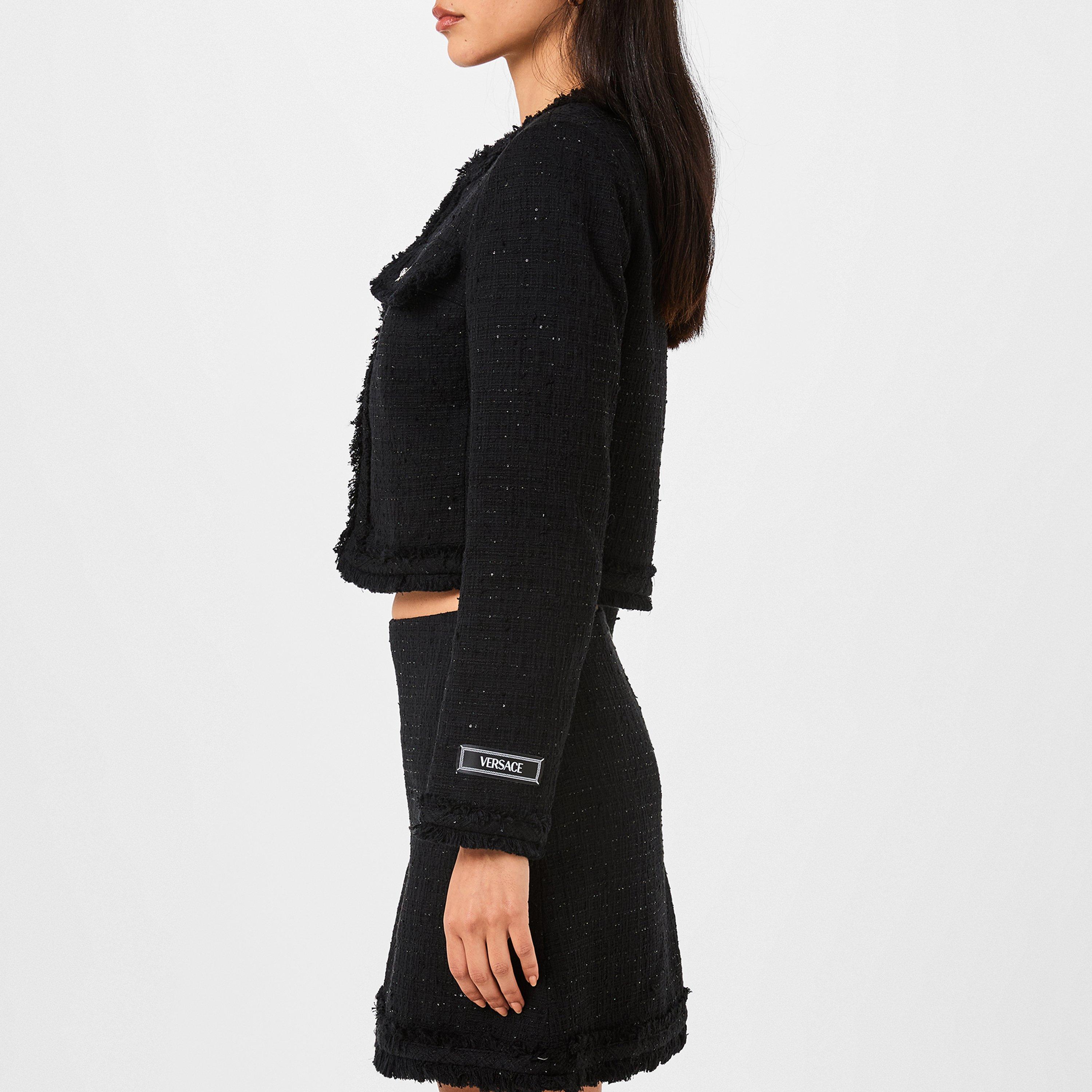 Black - Versace - Women's Tweed Cotton Collarless Long Sleeve Boucle Jacket - 2