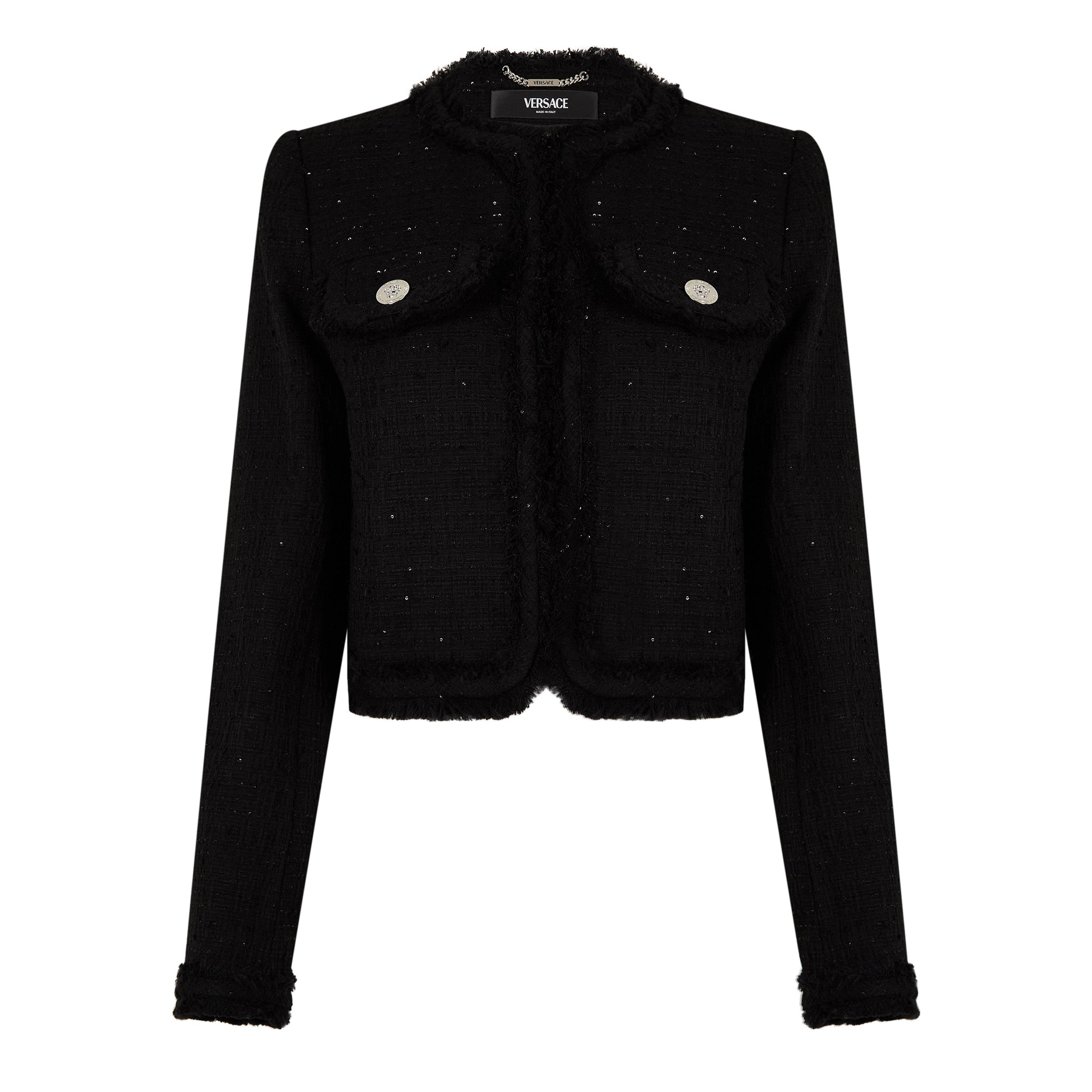 Black - Versace - Women's Tweed Cotton Collarless Long Sleeve Boucle Jacket - 6