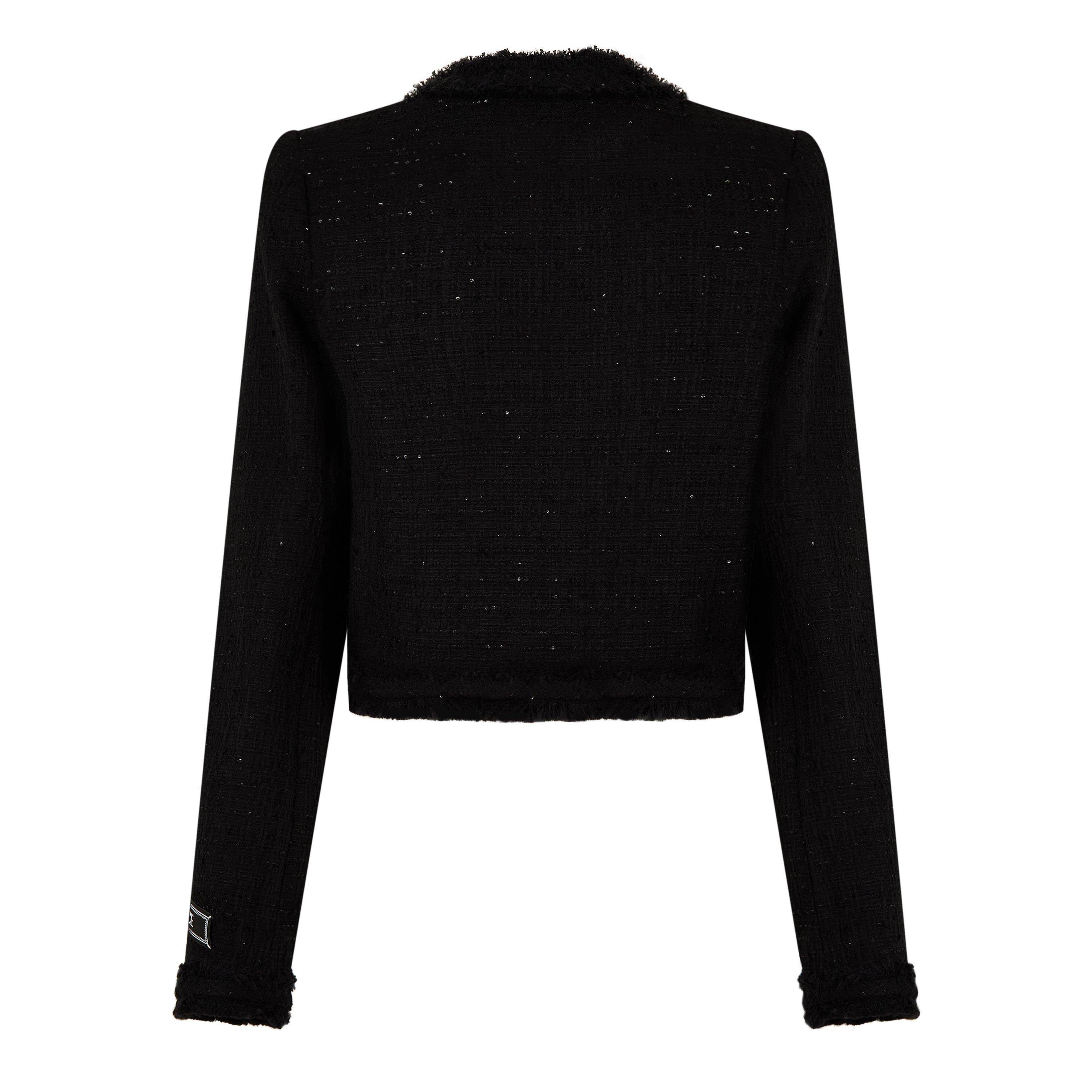 Black - Versace - Women's Tweed Cotton Collarless Long Sleeve Boucle Jacket - 7