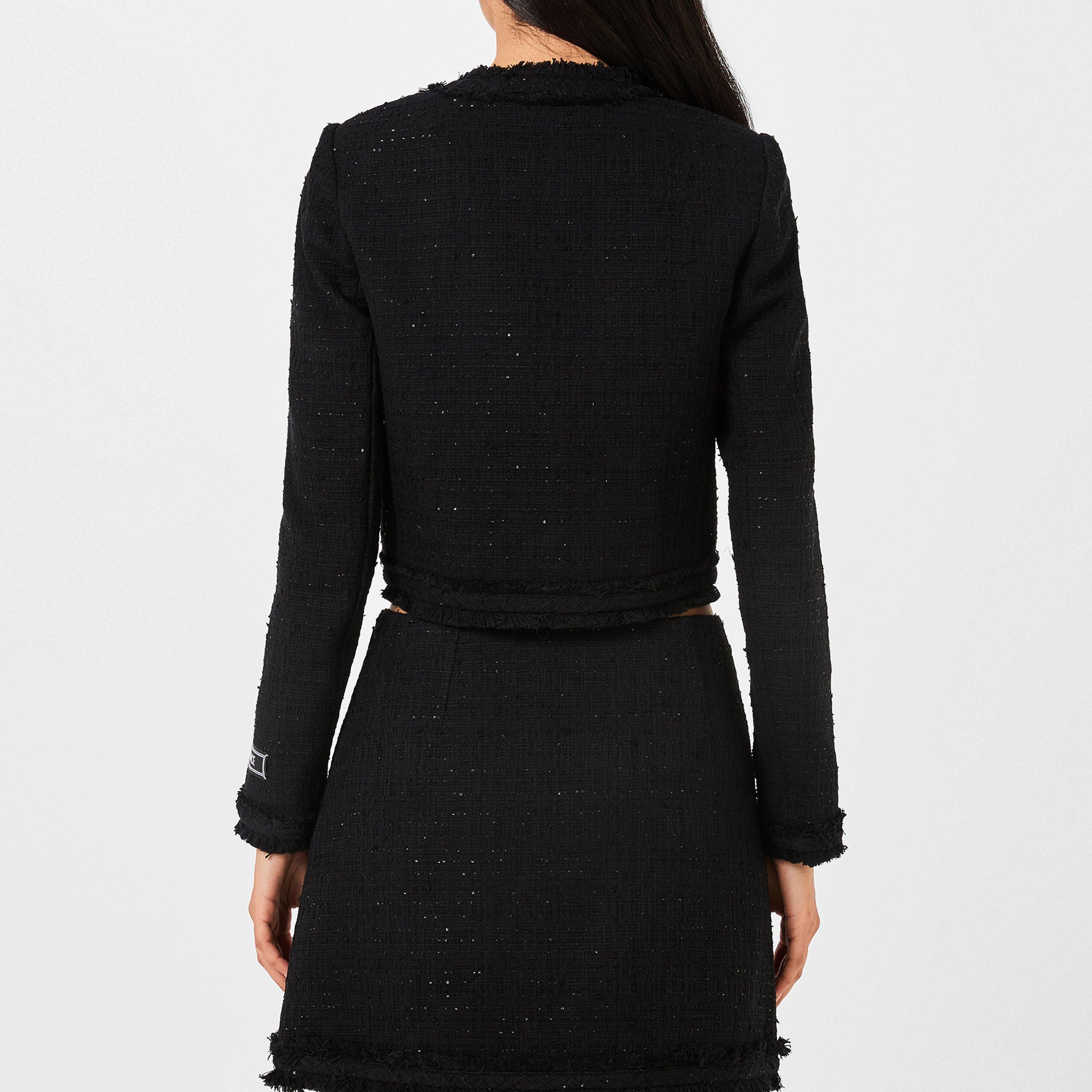 Black - Versace - Women's Tweed Cotton Collarless Long Sleeve Boucle Jacket - 3