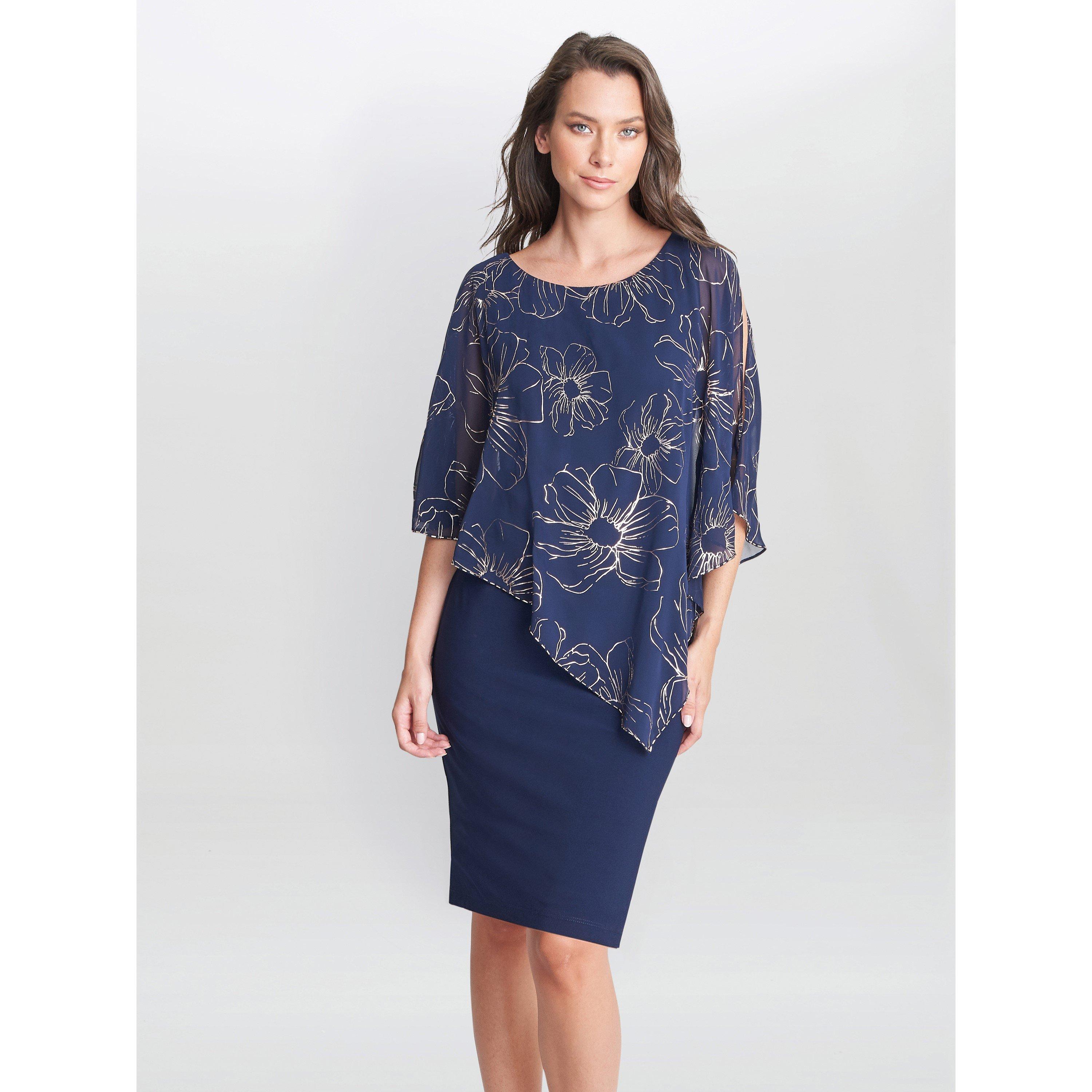 Gina Bacconi Women's Fiona Floral Glittered Asymmetric Dress - Navy Gold - 22