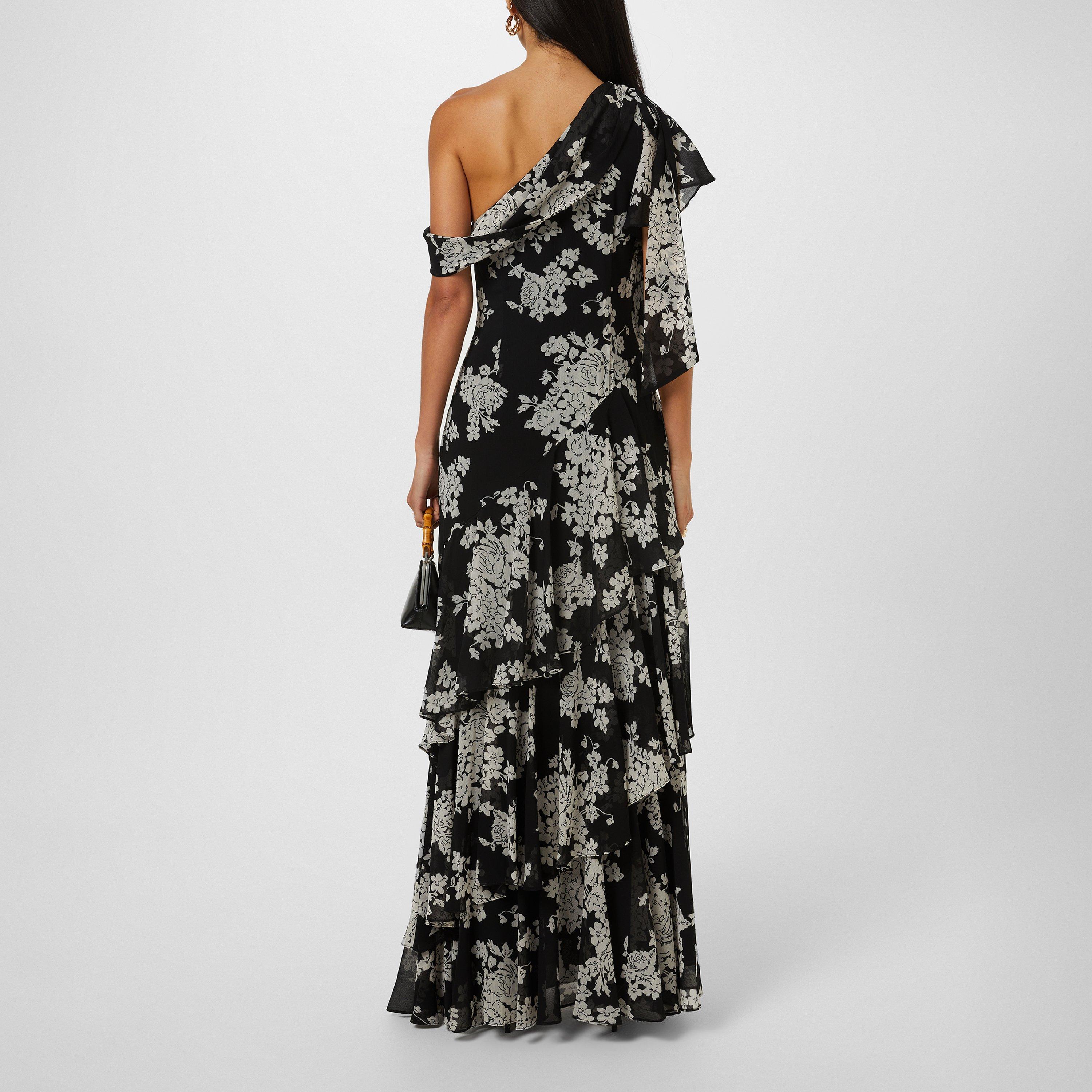 Black/Cream - Lauren by Ralph Lauren - Floral Georgette One-Shoulder Gown - 2