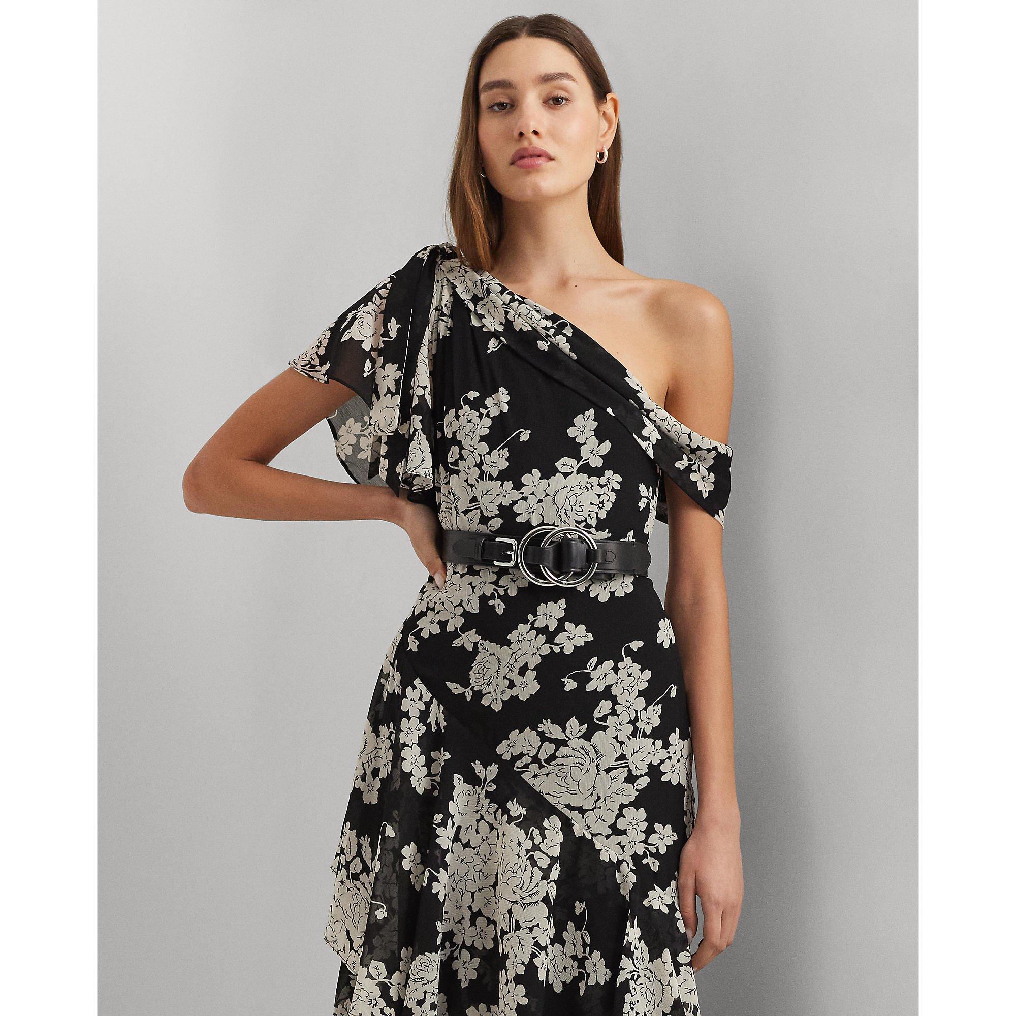 Black/Cream - Lauren by Ralph Lauren - Floral Georgette One-Shoulder Gown - 4